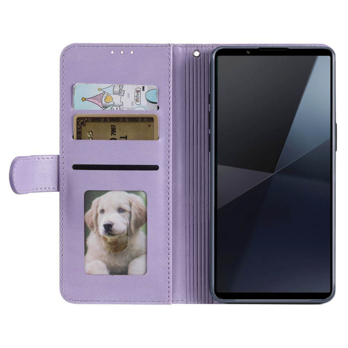 Eine lila Brieftaschen-Handyhülle mit Welpenfoto und Kartenfächern, neben einem Telefon.