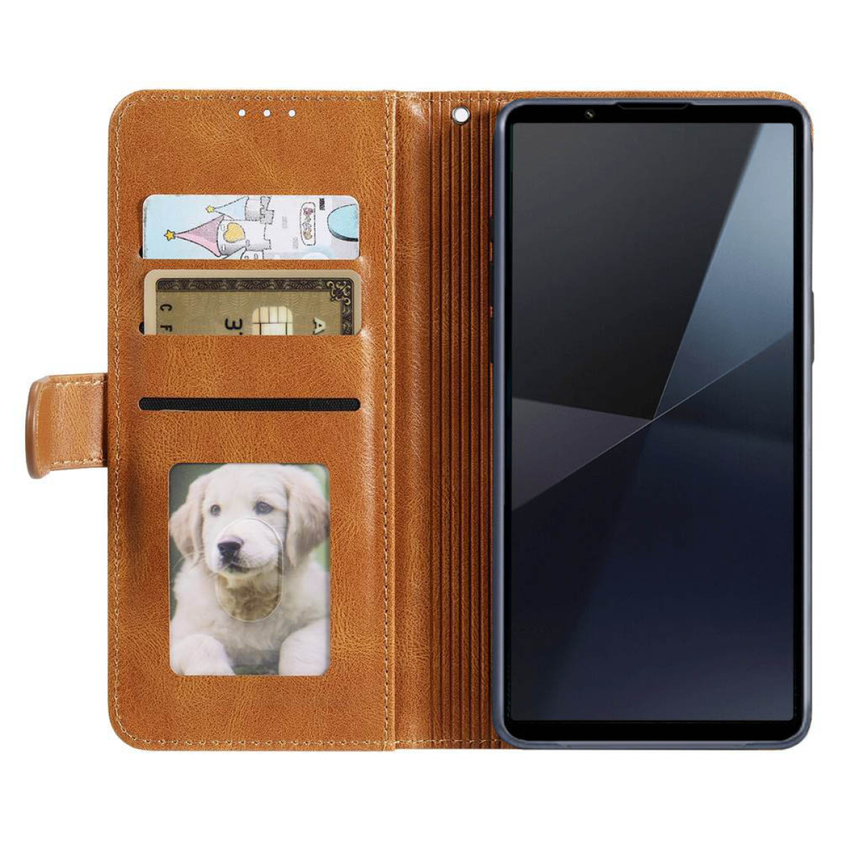 Braune Leder-Handyhülle, geöffnet, mit Kartenfächern, einem Bild eines Welpen und einem Telefon.