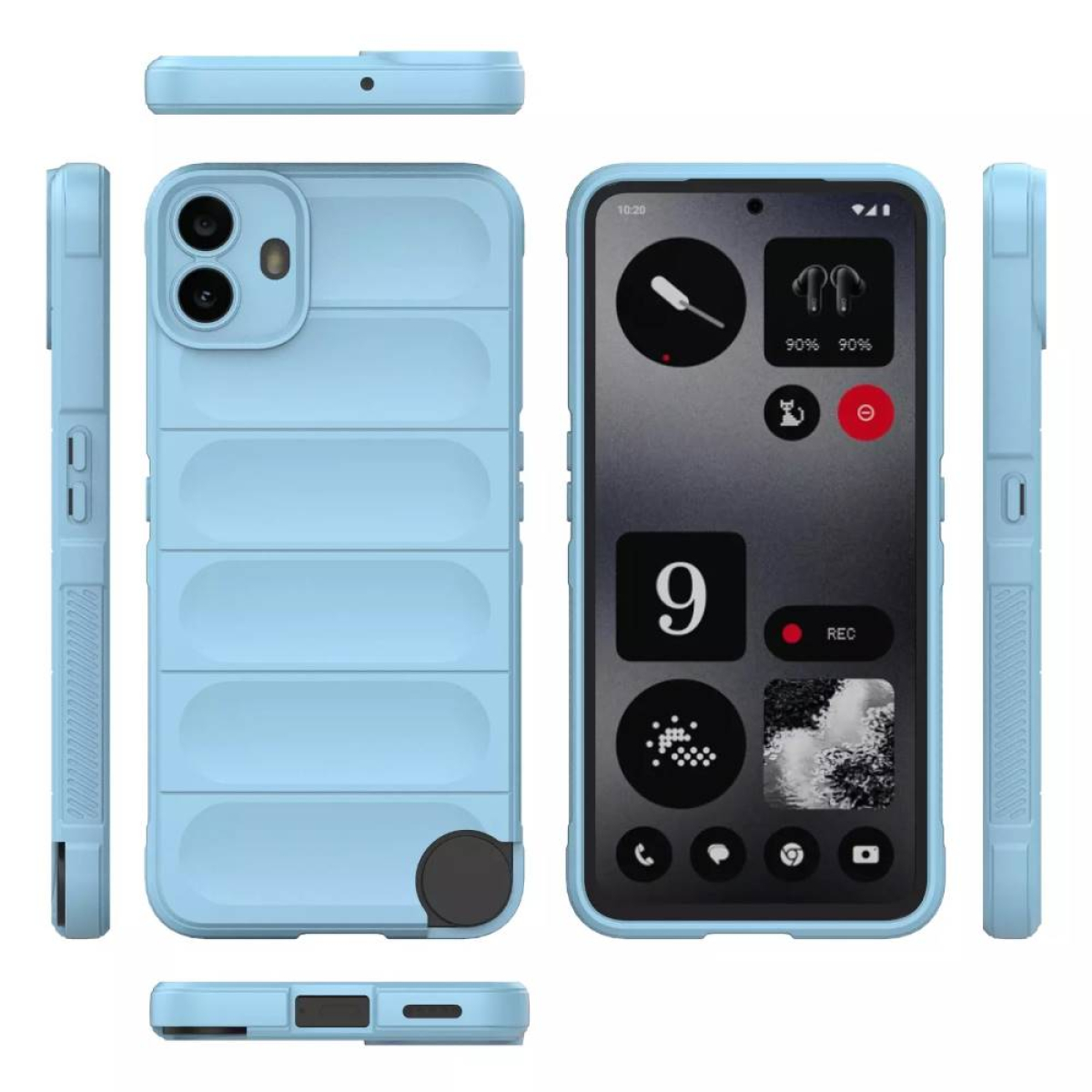 Eine blaue Handyhülle mit einem Telefon darin, das das Display zeigt. Das Gehäuse hat ein einzigartiges Design.