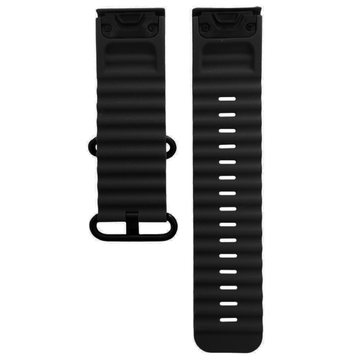 Zwei schwarze Uhrenarmbänder mit Löchern und einem Verschluss.