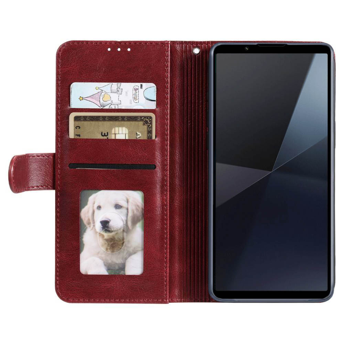 Rote Leder-Wallet-Hülle mit Kartenfächern, Foto eines Hundes und Telefon.