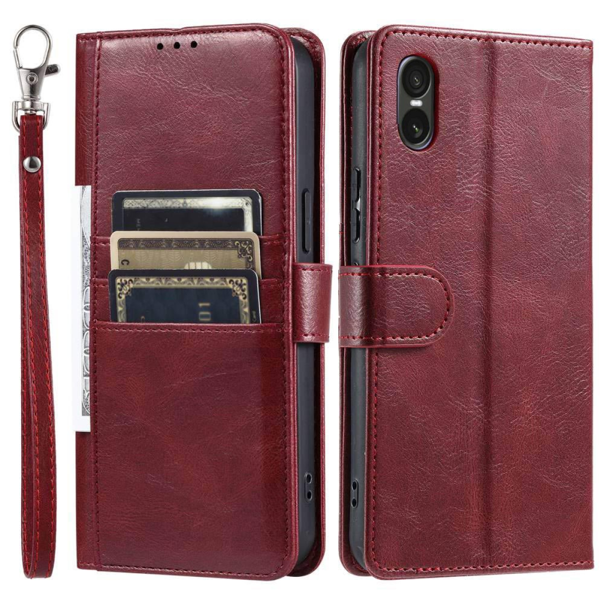 Rotes Leder-Handycase geöffnet, mit Kartenfächern und Karten. Links ist ein silberner Riemen.