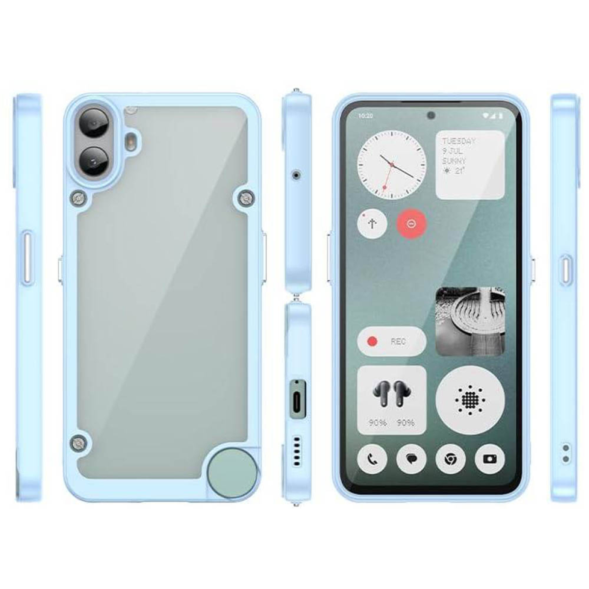 Blaue Handyhülle. Mehrere Winkel werden gezeigt. Telefonbildschirm mit Uhr und Apps sichtbar.