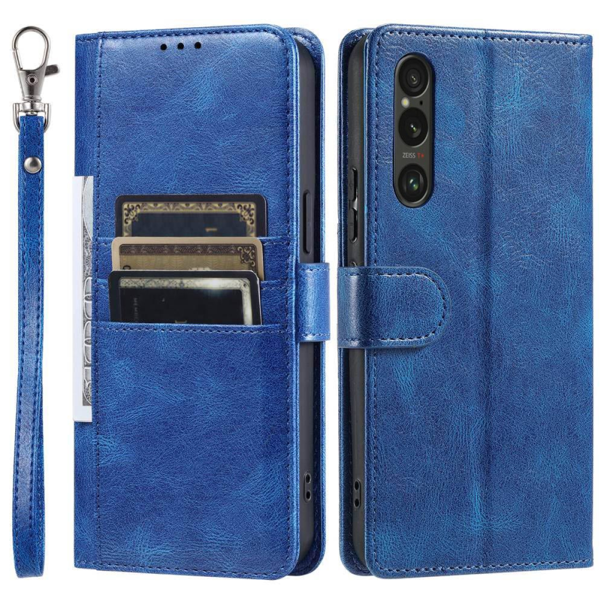 Eine blaue Leder-Handyhülle mit Kartenfächern und einer Handschlaufe, geöffnet, um Karten und ein Telefon zu zeigen.