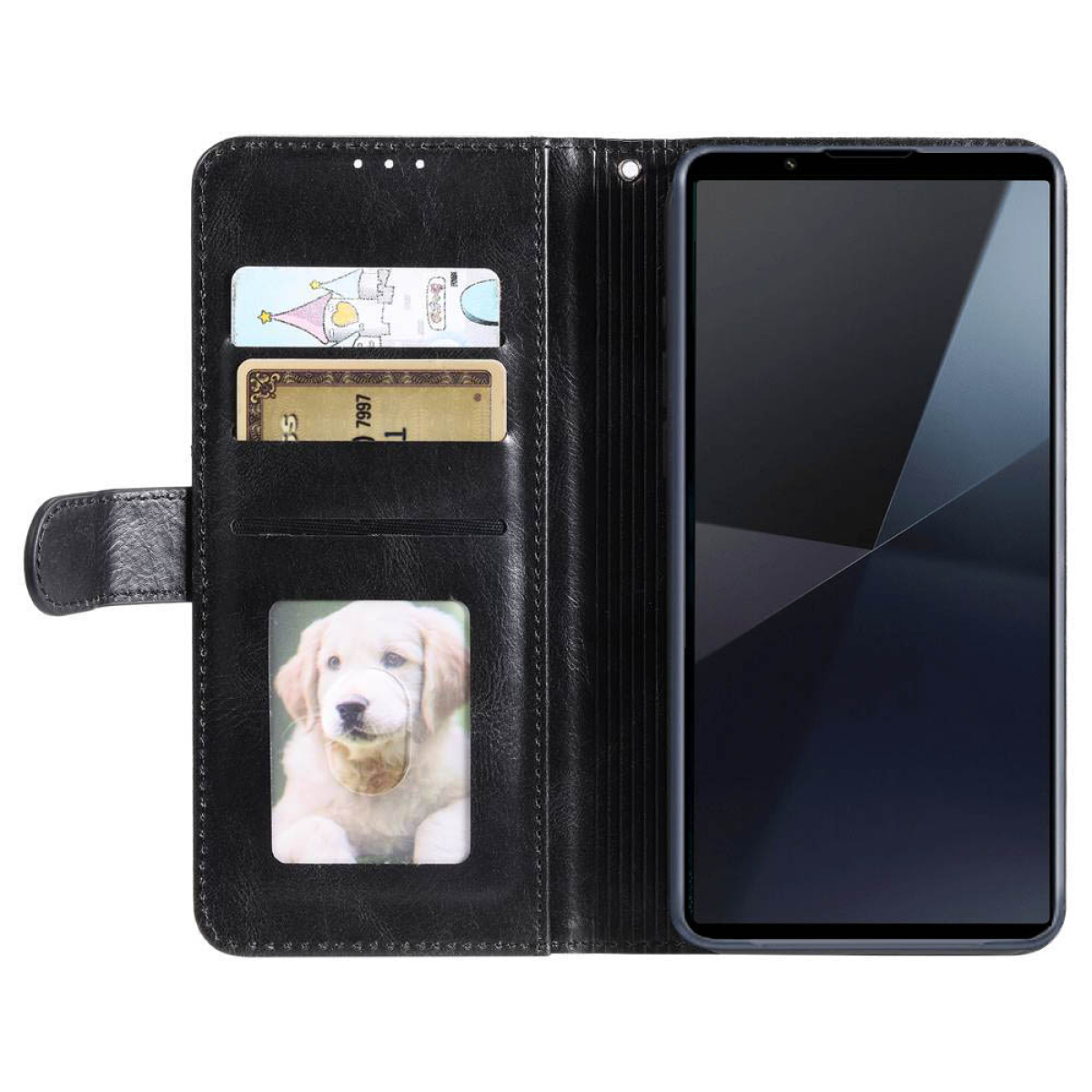 Schwarze Leder-Handyhülle mit Karten und Hundefoto.