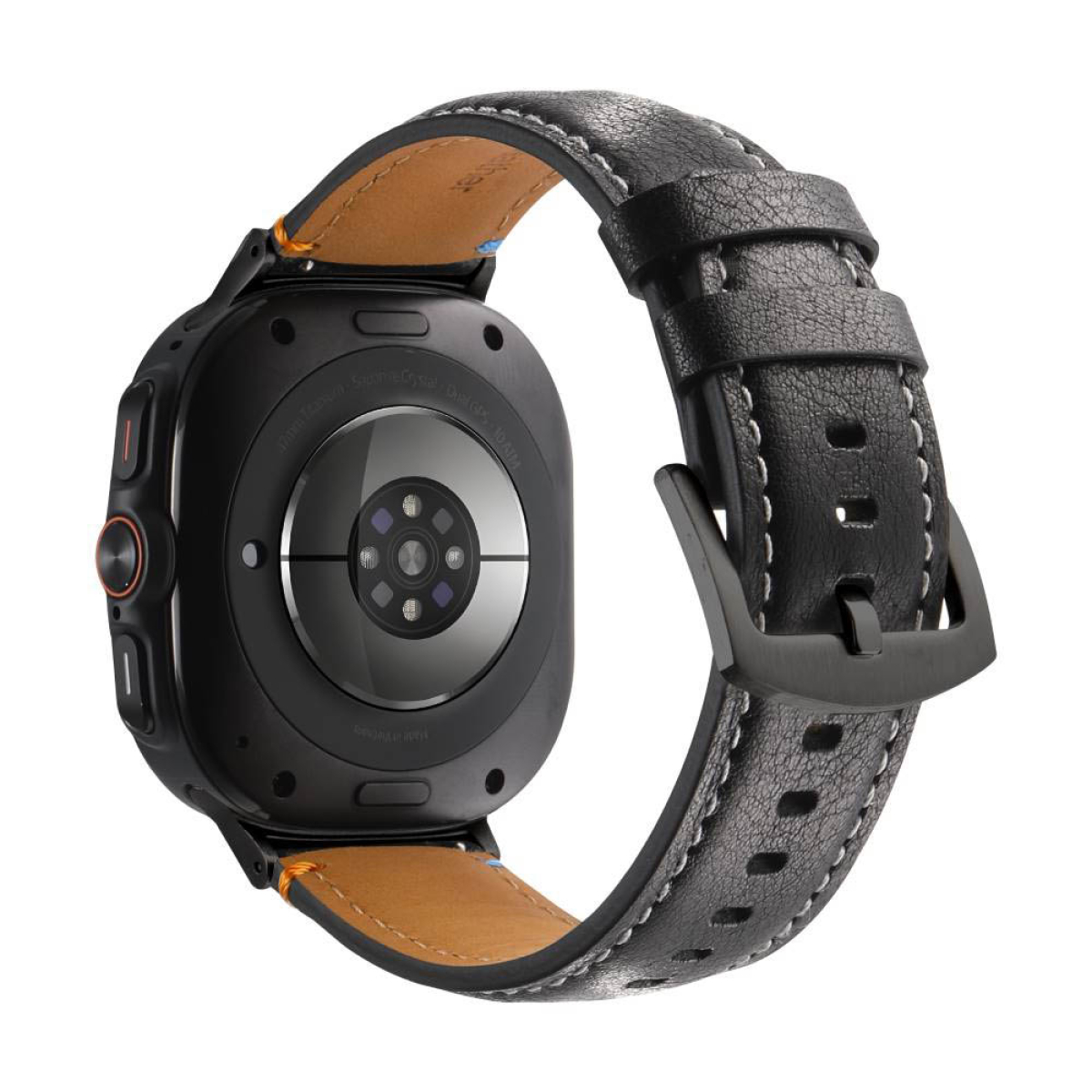 Schwarze Smartwatch mit schwarzem Lederarmband. Die Rückseite der Uhr ist sichtbar.