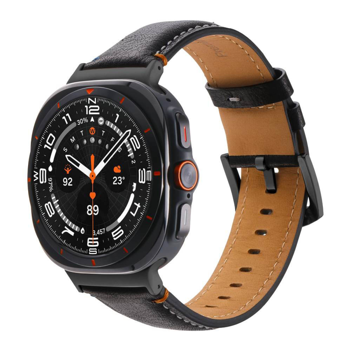 Eine schwarze Smartwatch mit Lederarmband. Das Zifferblatt zeigt weiße Zahlen und einen schwarzen Hintergrund.