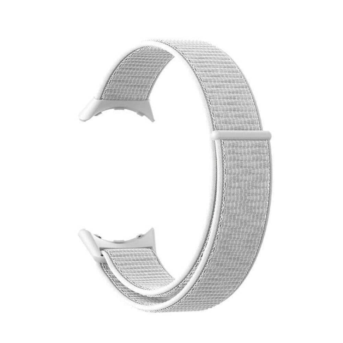 Weißes Uhrenarmband mit gewebter Textur. Das Armband ist gebogen und hat weiße Details.