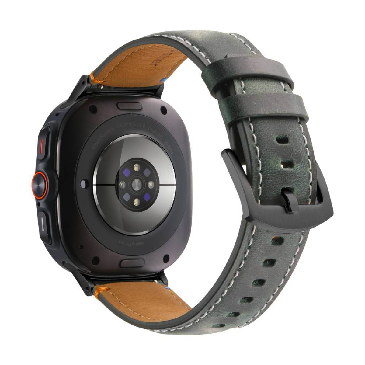 Smartwatch mit grünem Lederarmband und schwarzem Zifferblatt. Die Uhr liegt auf einer weißen Oberfläche.