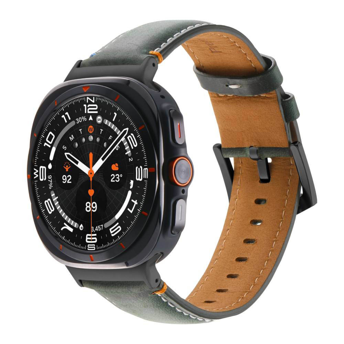 Schwarze Smartwatch mit grünem Armband und orangefarbenen Akzenten. Das Display zeigt Informationen.