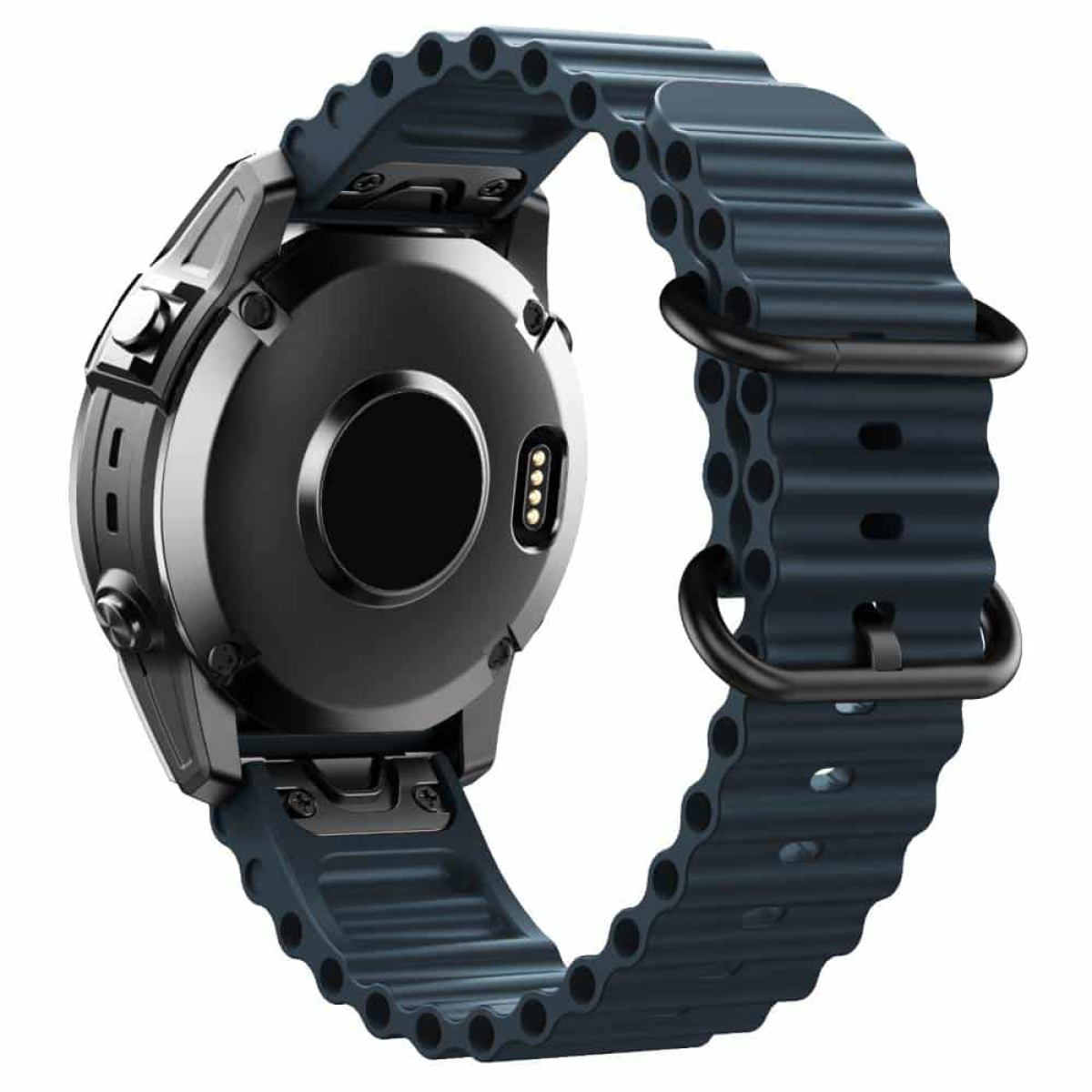 Nahaufnahme einer schwarzen Smartwatch mit dunkelblauem Silikonarmband. Schwarze Uhr und Armband.