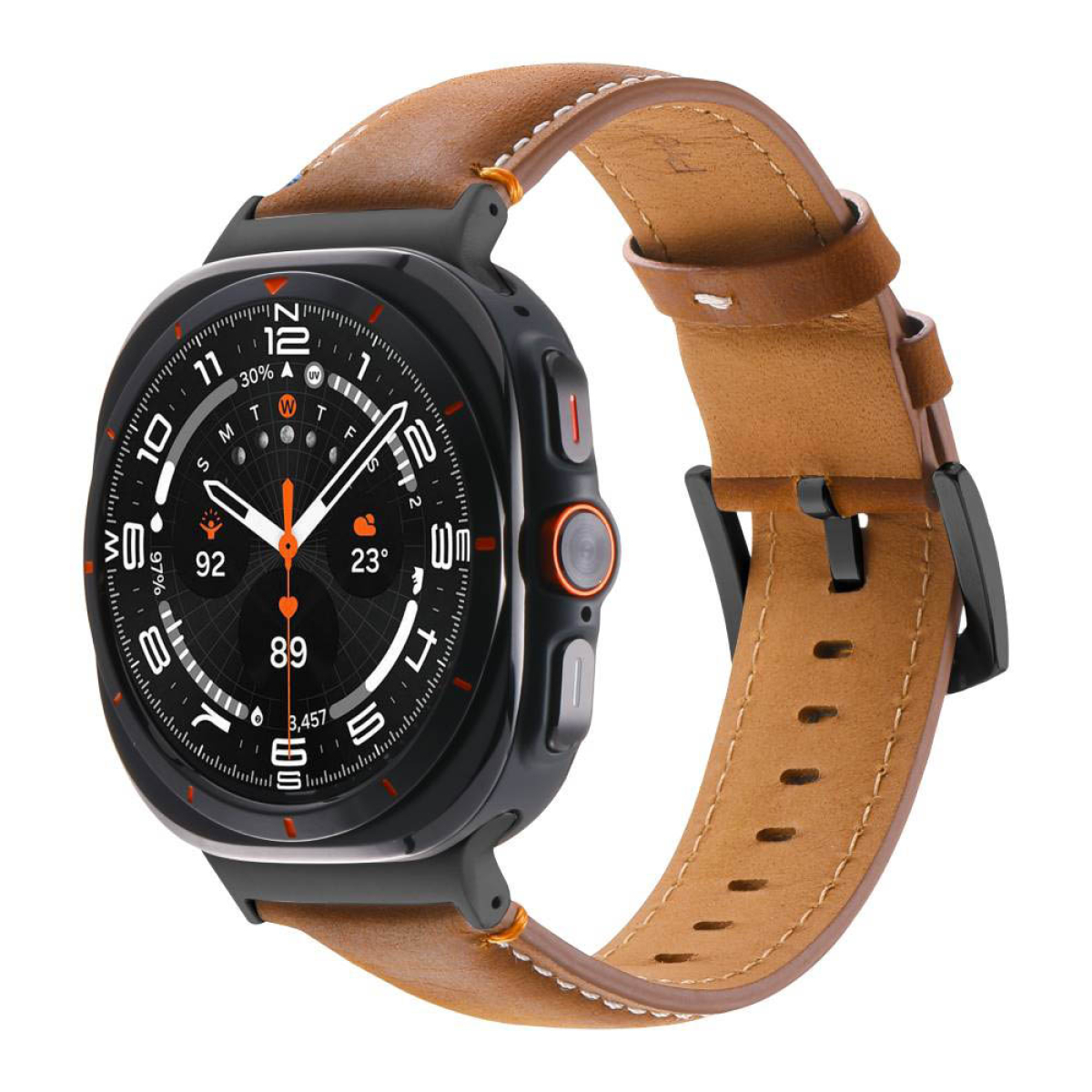 Smartwatch mit braunem Lederarmband und schwarzem Gehäuse.
