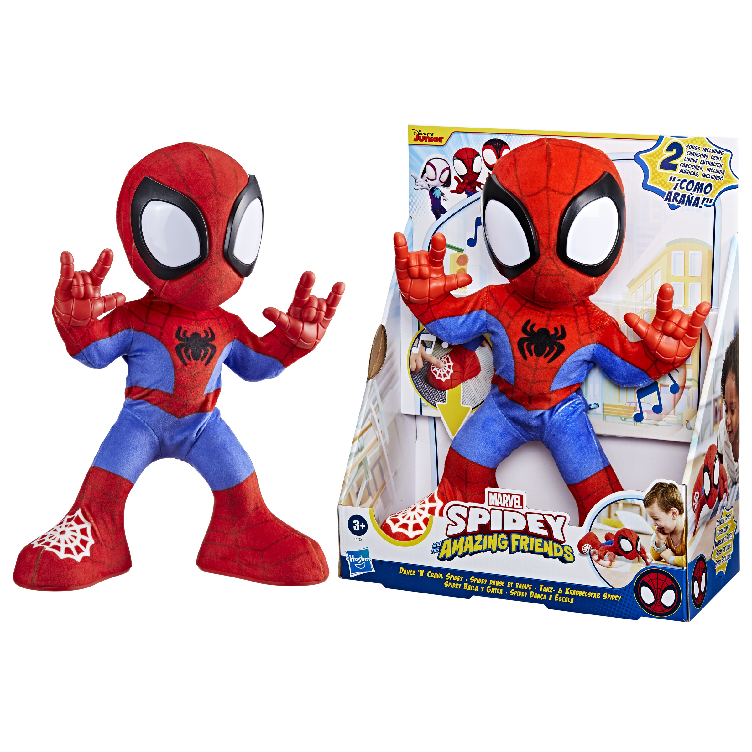 Juguete de Spiderman con embalaje. Spiderman posa con las manos arriba.