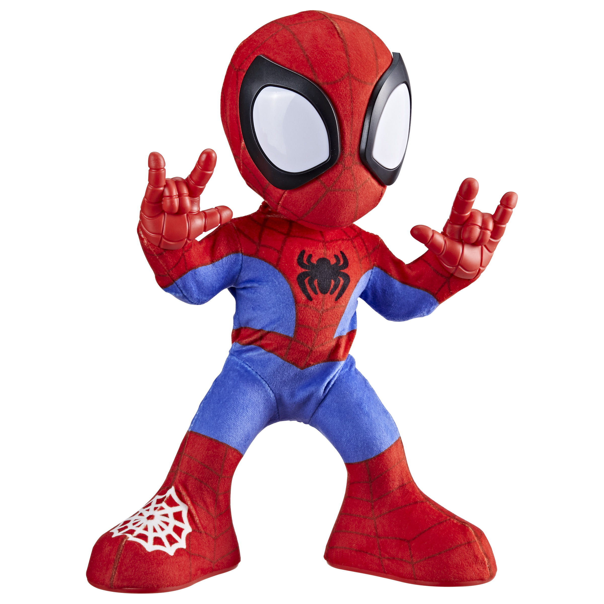 Peluche de Spider-Man con traje rojo y azul, de pie sobre fondo blanco, posando con las manos arriba.