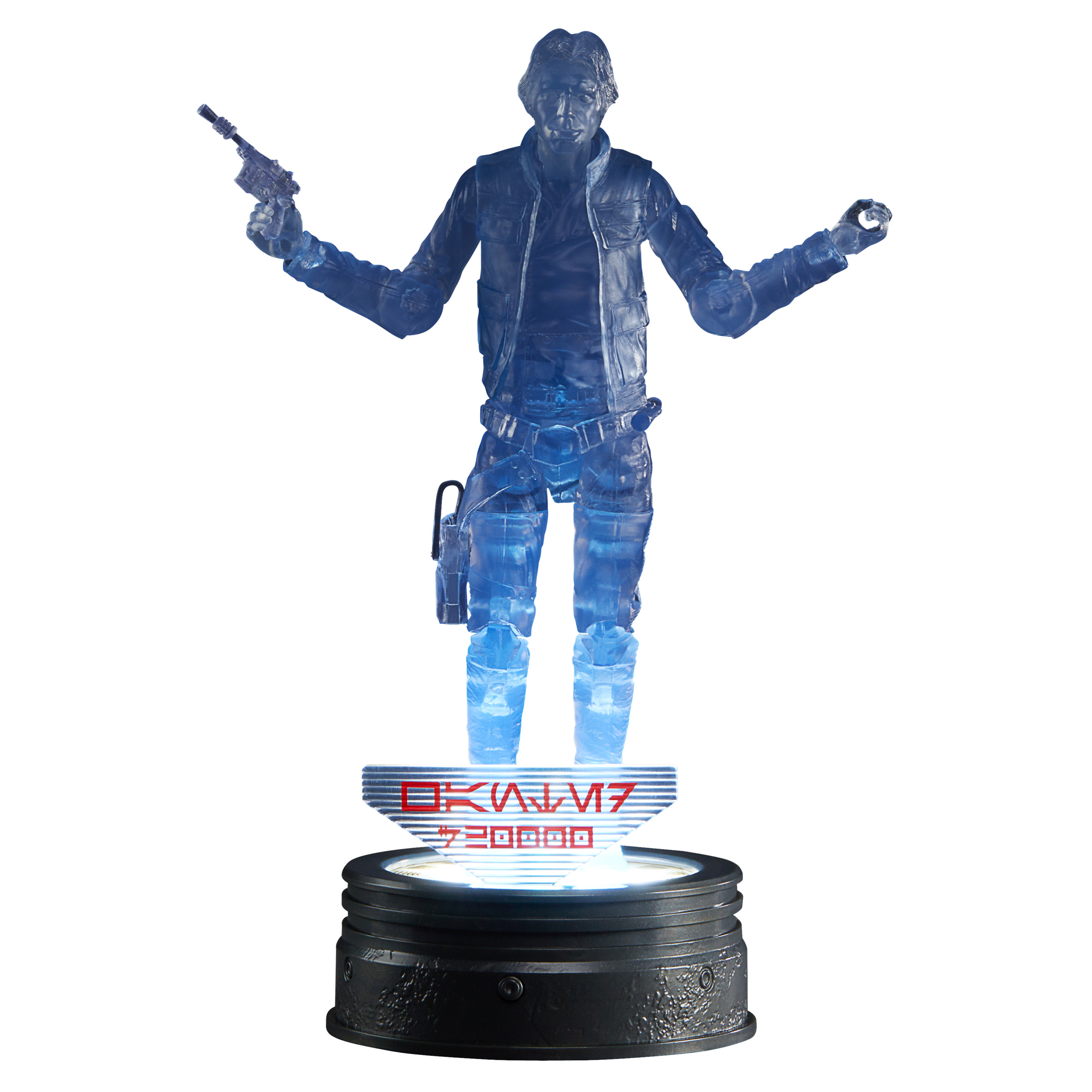 Un holograma azul de Han Solo sosteniendo una pistola. Está de pie sobre una base.