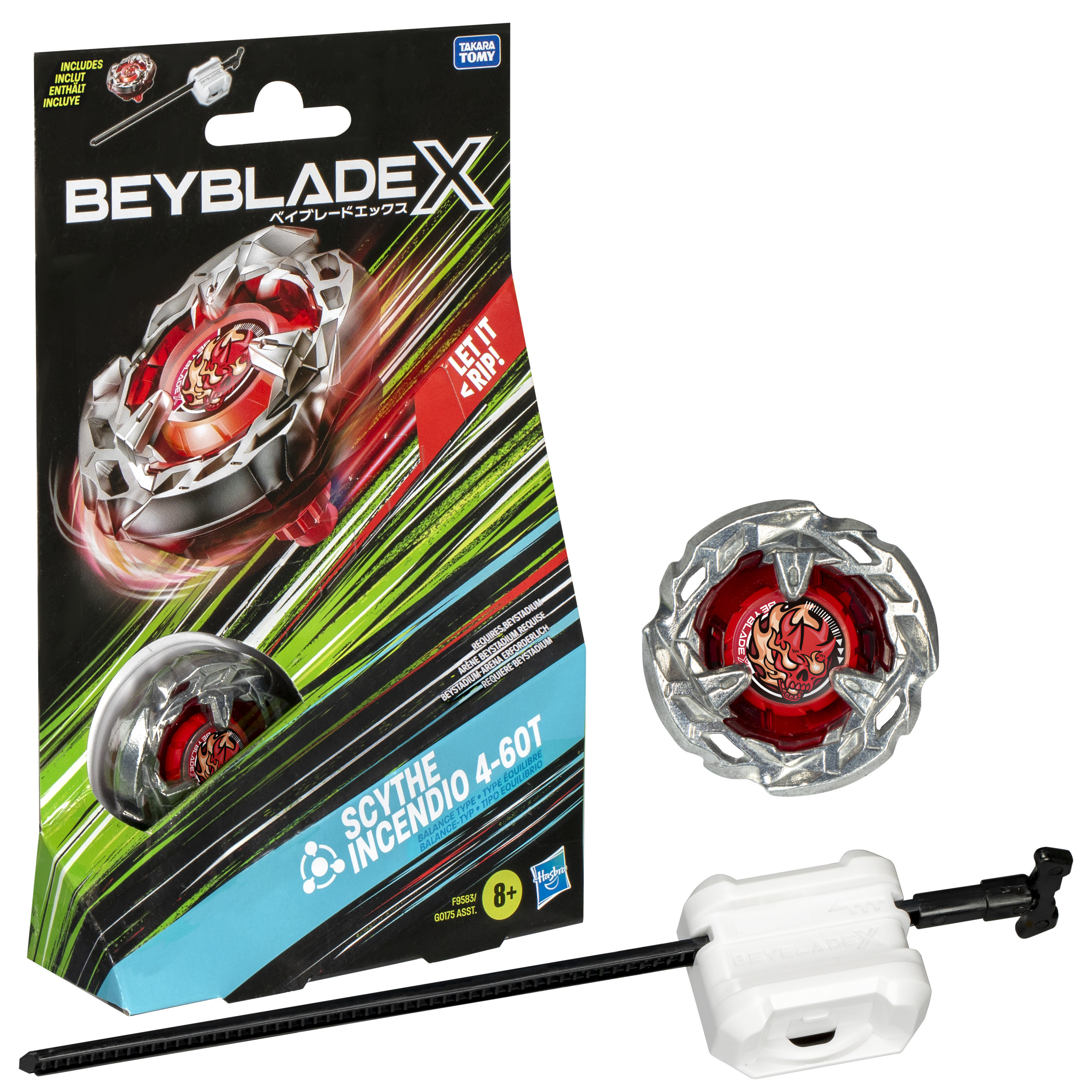 Zestaw zabawek Beyblade X, w tym wyrzutnia, bączek i pudełko z grafiką.