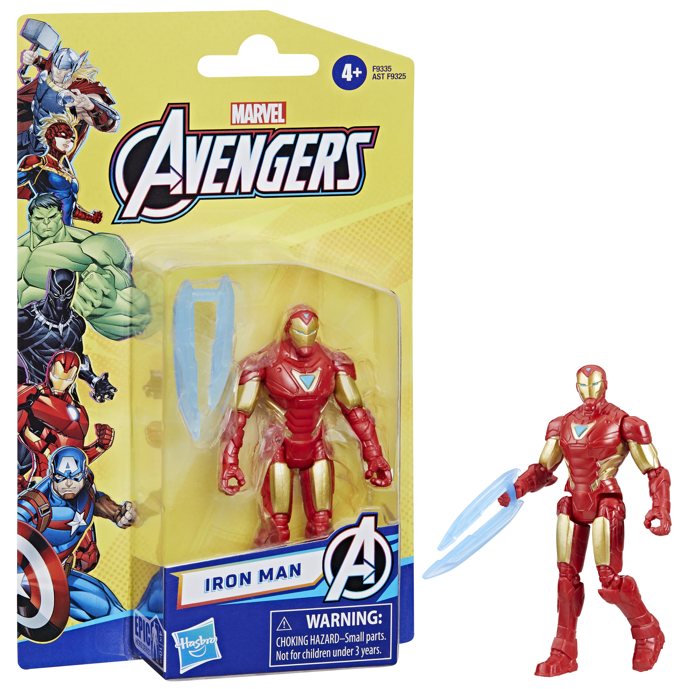 Figurka akcji Marvel Avengers Iron Man w opakowaniu i figurka.