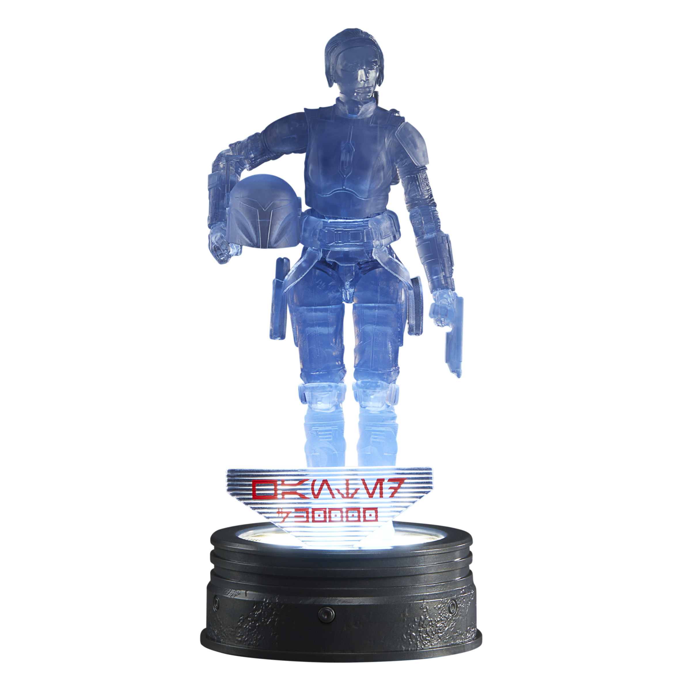 Un holograma azul transparente de un personaje de Star Wars, de pie con un casco y un arma.