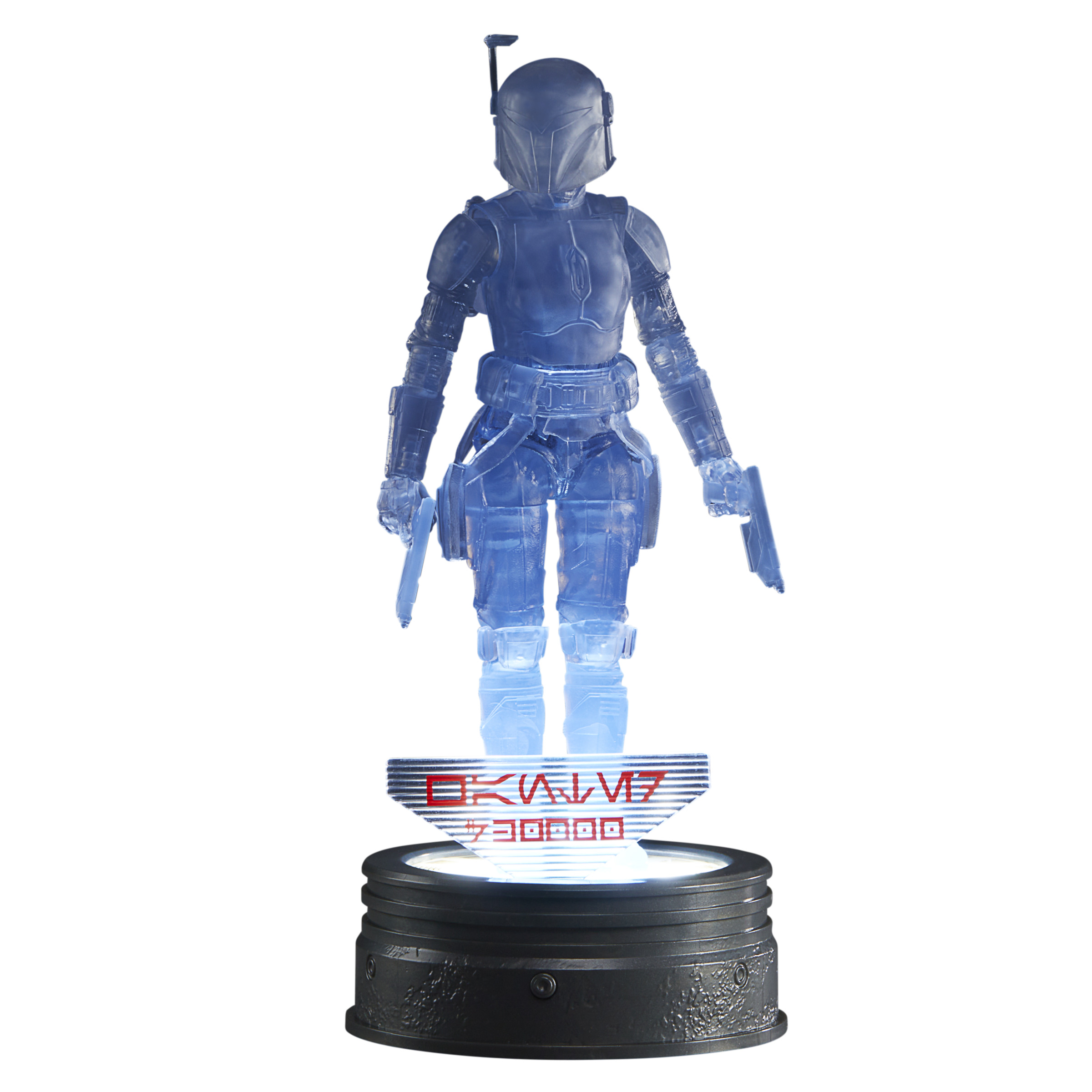 Una figura holográfica azul de un personaje en un soporte.