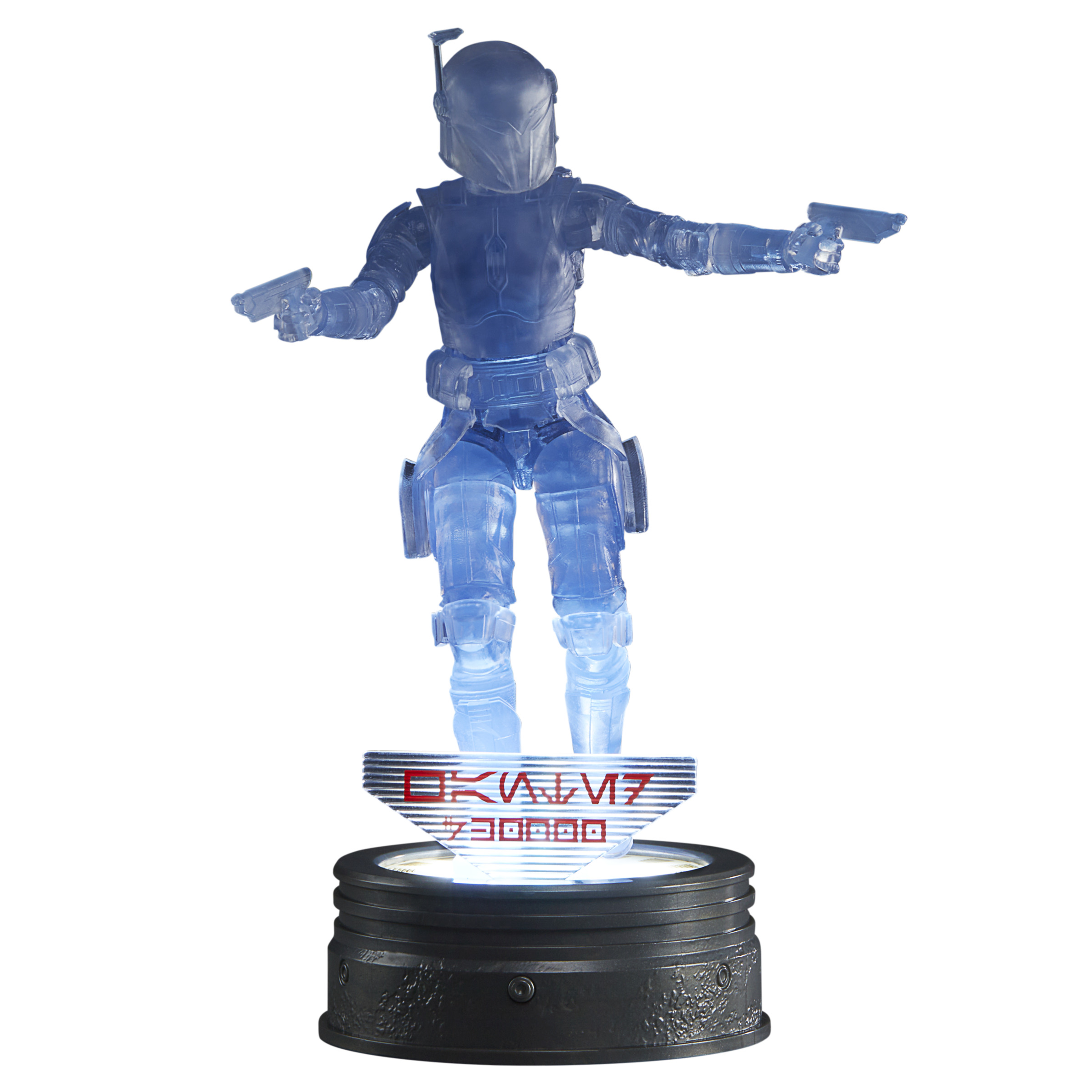 Una figura holográfica de Star Wars de un Mandaloriano con armas, sobre base iluminada.