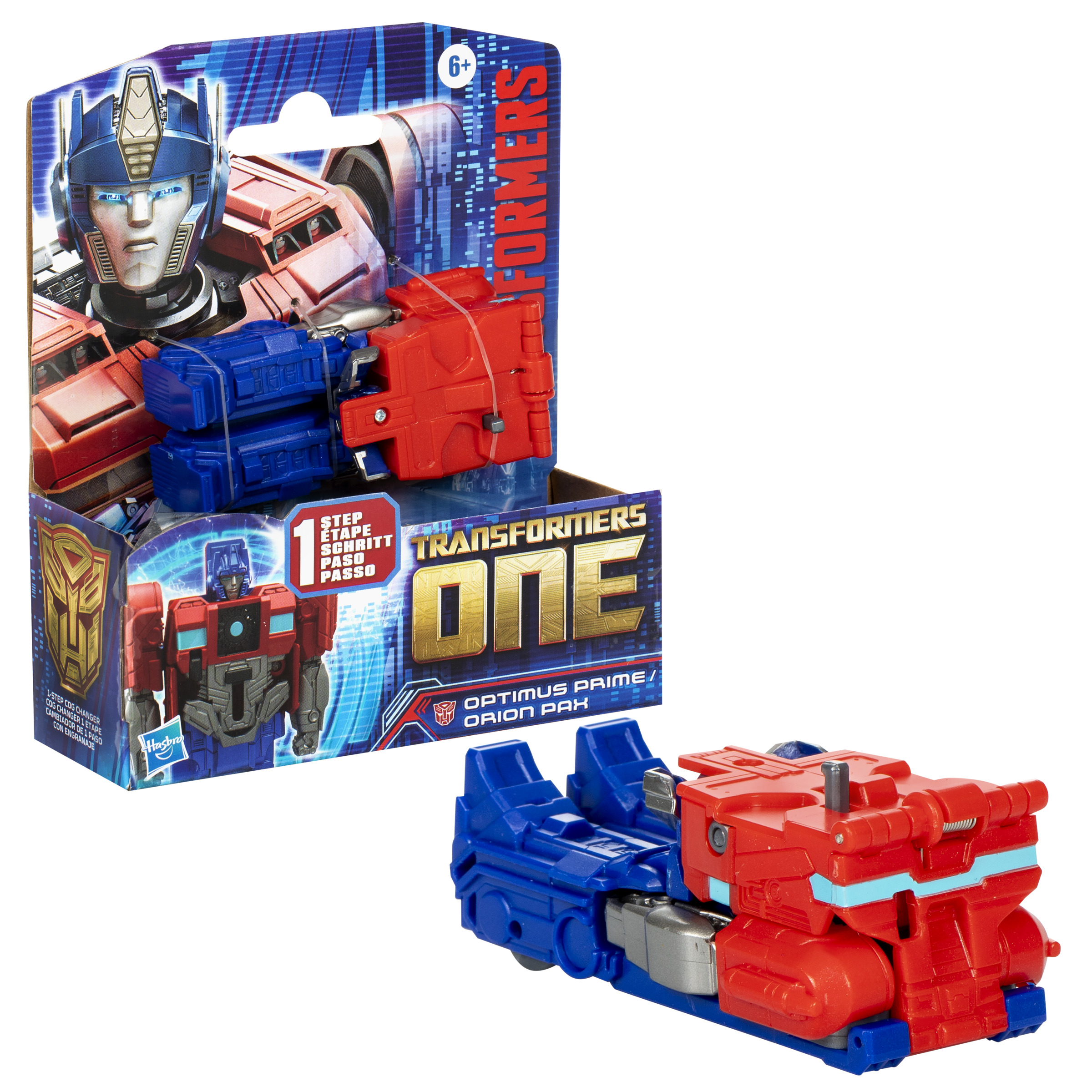 Zabawka Transformers One Optimus Prime. Czerwono-niebieska ciężarówka i pudełko ze zdjęciem Optimusa Prime.