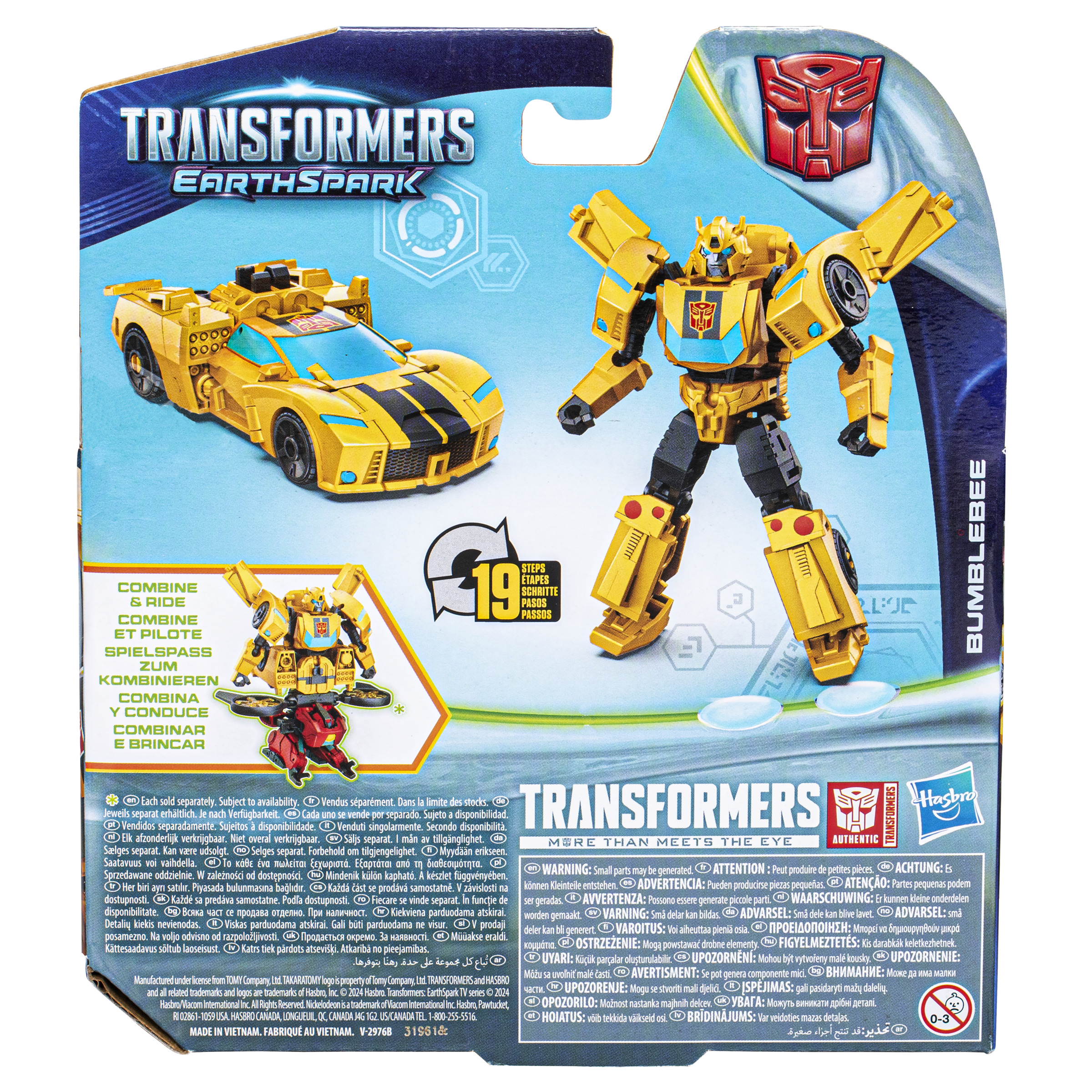 Tył pudełka z zabawką Transformers Earthspark z Bumblebee, żółtym samochodem i formą robota.