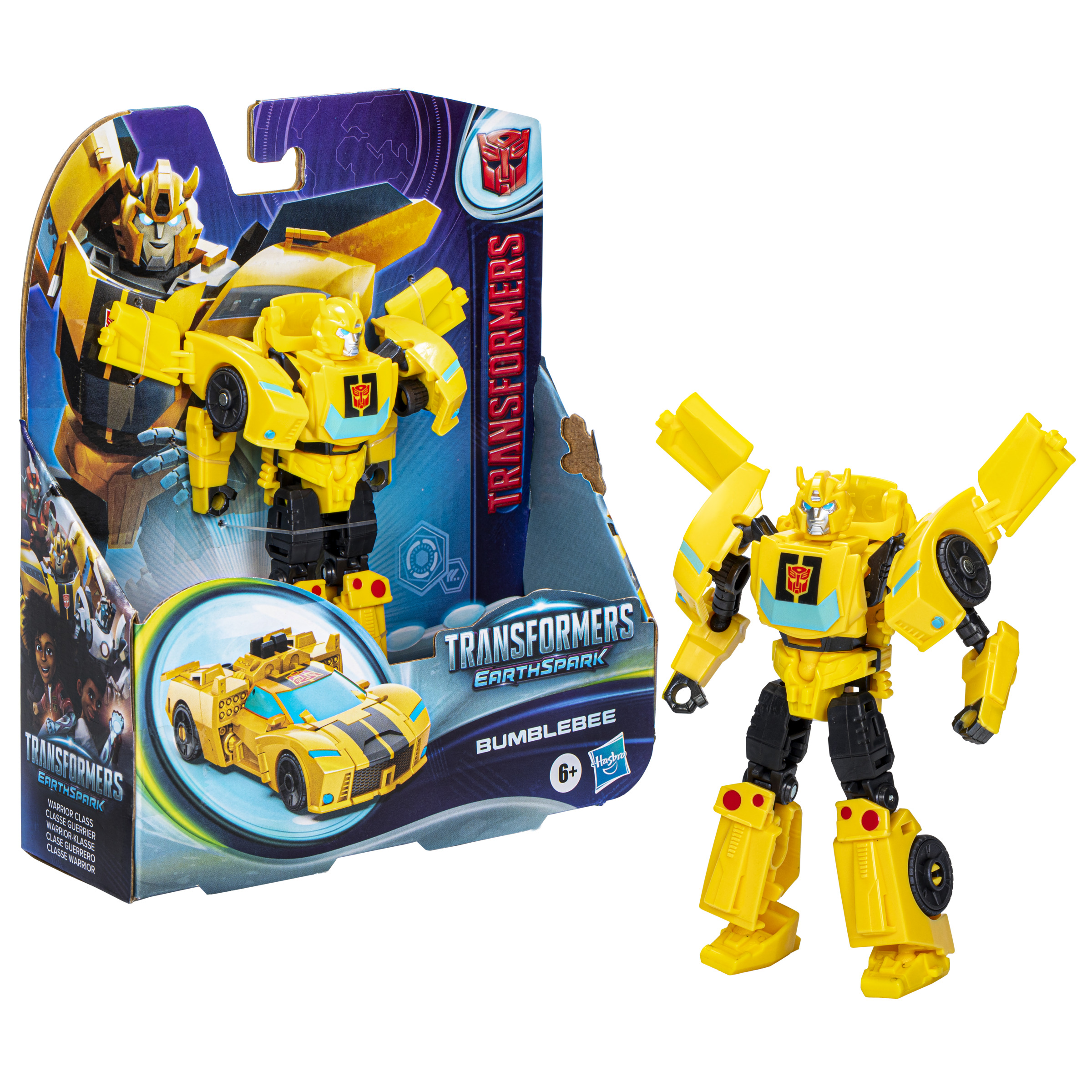 Zabawka Bumblebee Transformer z pudełkiem. Zabawka jest żółta.