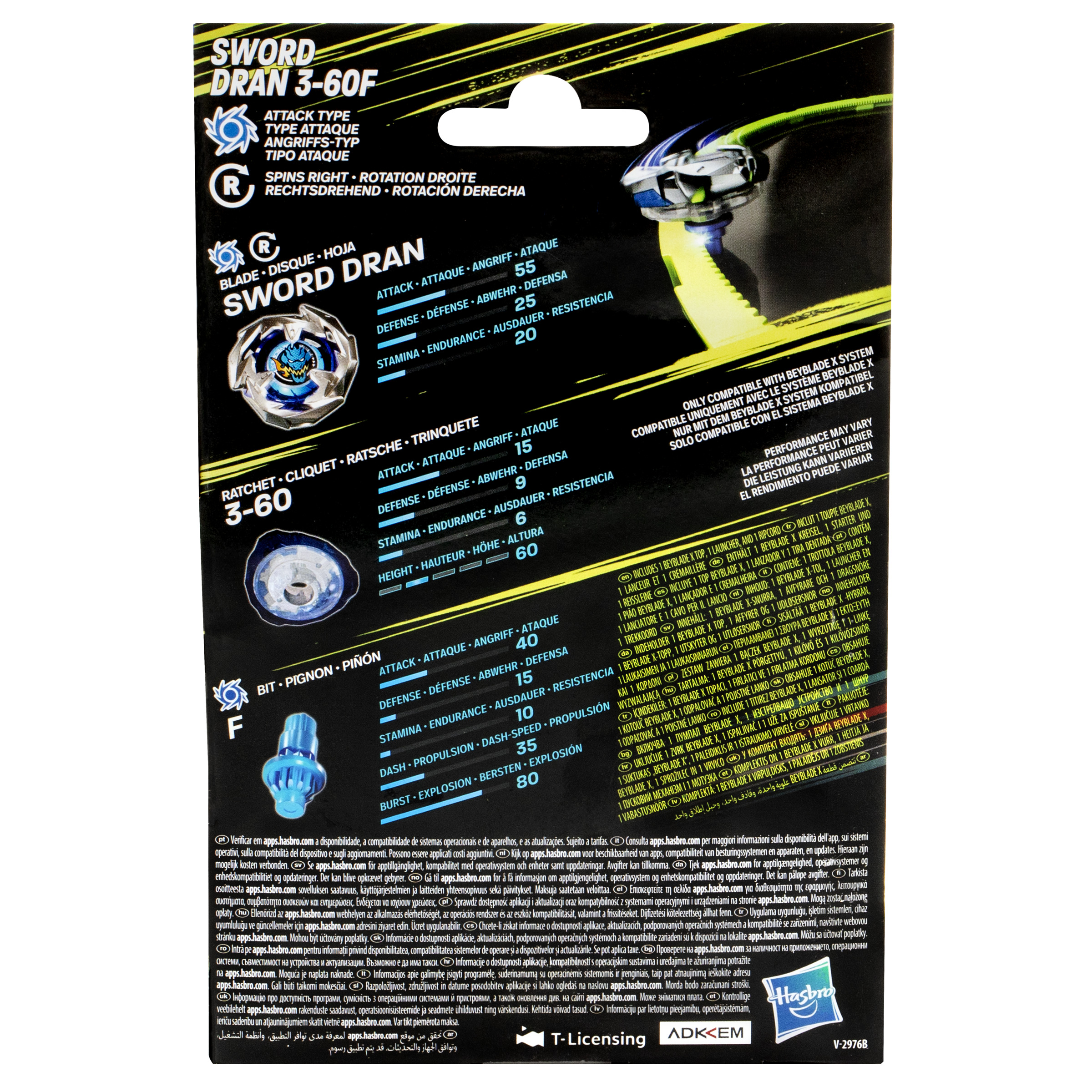 Retro di una scatola di giocattoli con design Beyblade e testo in più lingue.