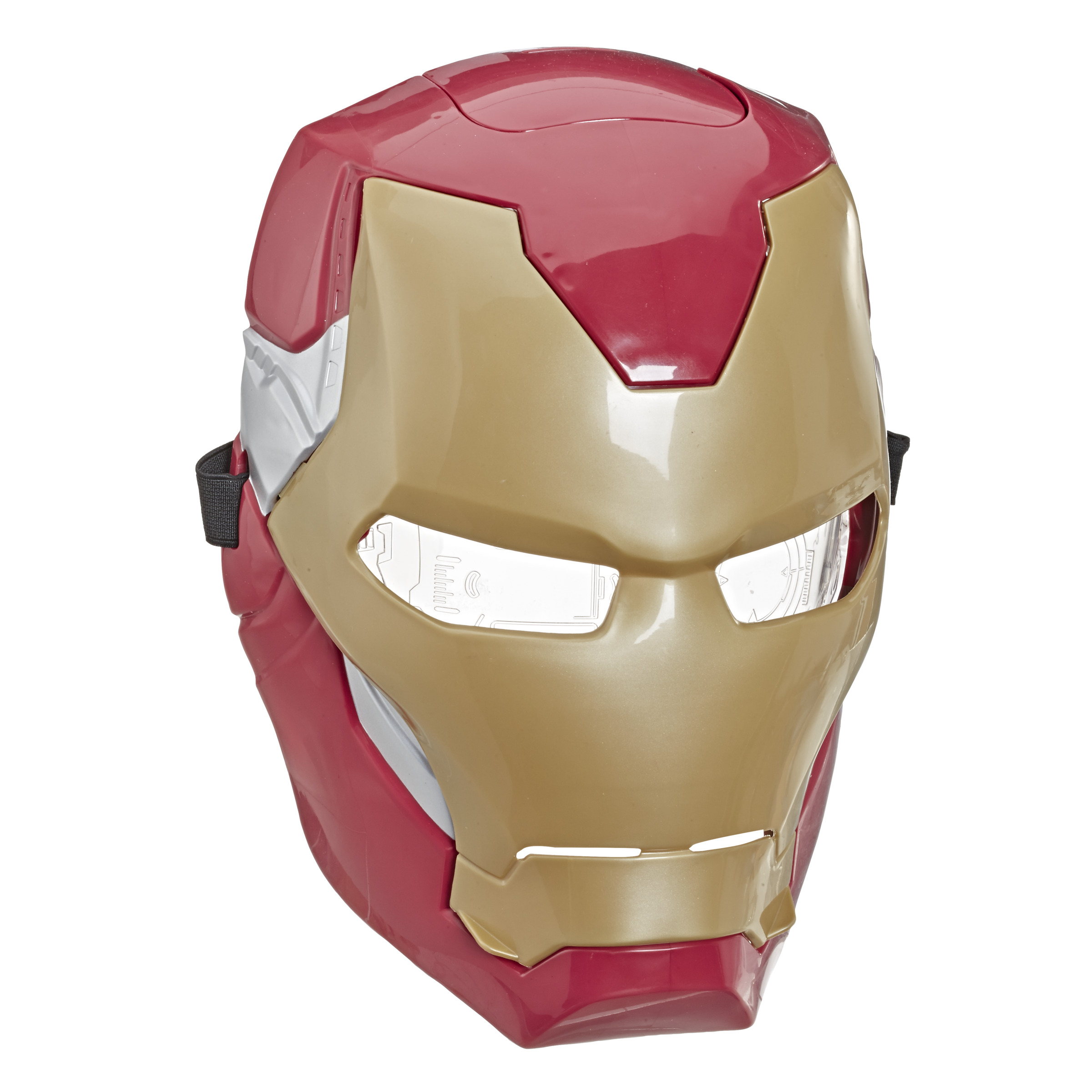 Máscara de Iron Man de juguete. Colores rojo y dorado visibles.