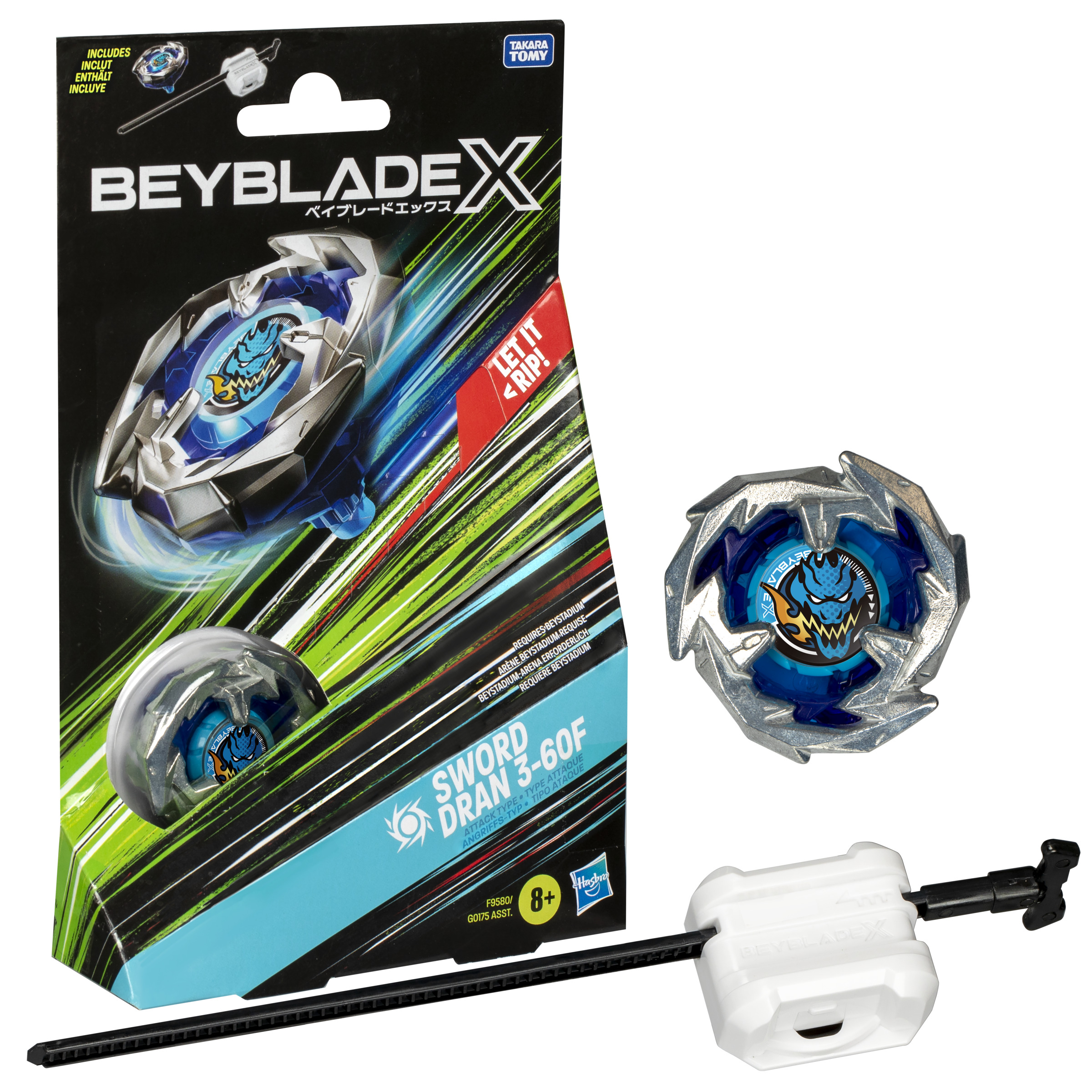 Set di giocattoli Beyblade con lanciatore e scatola. La scatola mostra Beyblade e il nome: Sword Dran 3-60F.