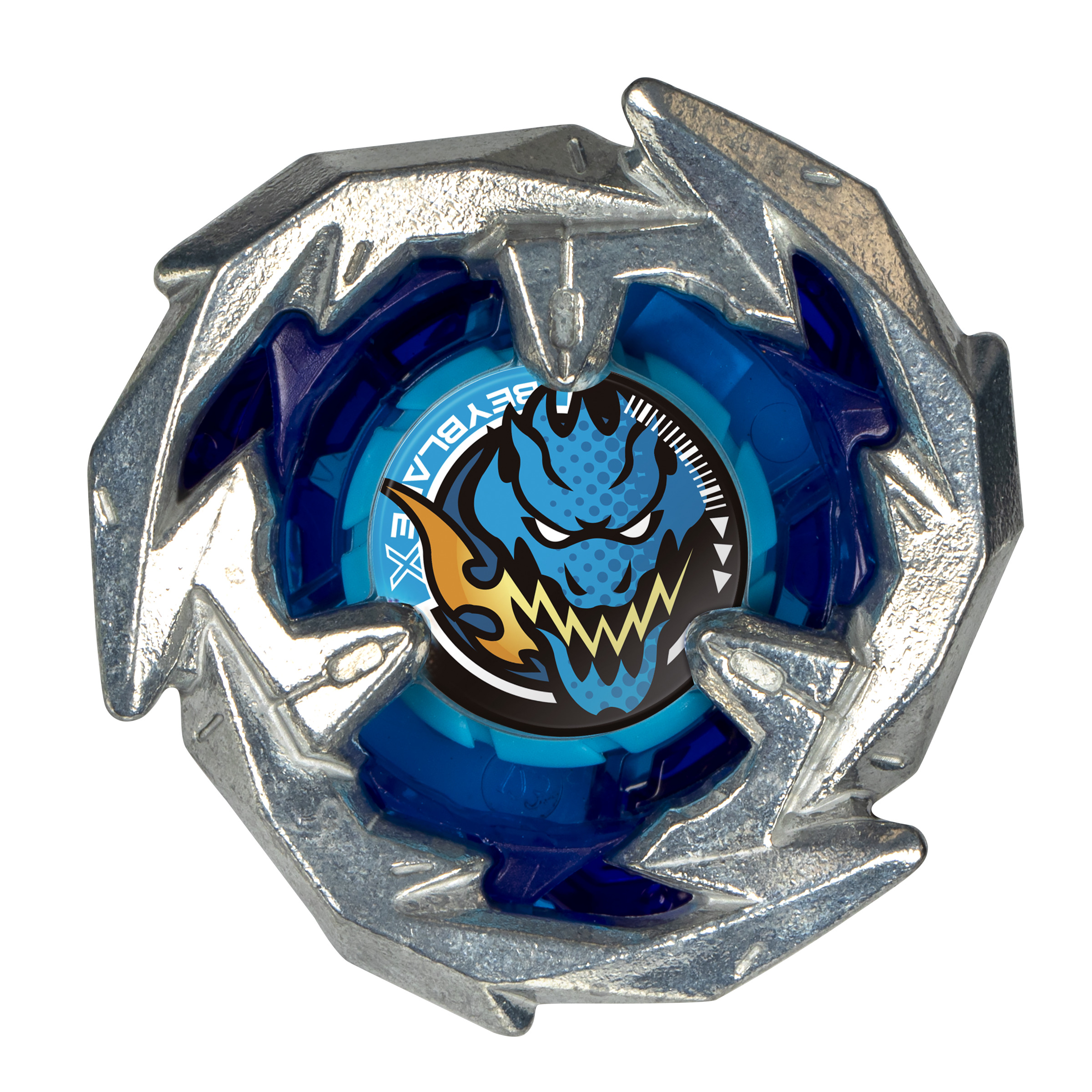 Giocattolo circolare, un Beyblade. È argentato e blu, con un'immagine di drago al centro.