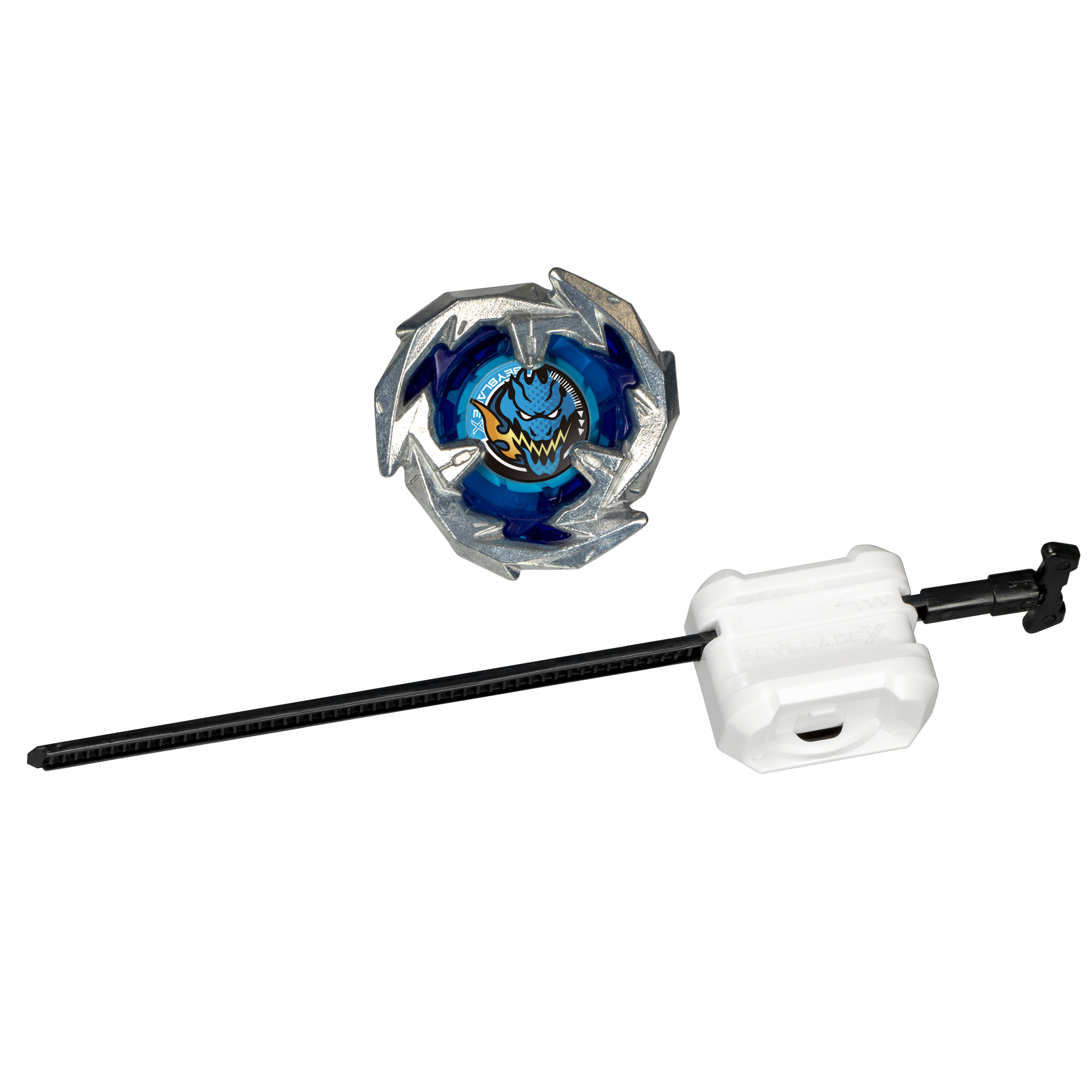 Giocattolo Beyblade con design blu e argento e lanciatore. Il giocattolo è posto su uno sfondo bianco.