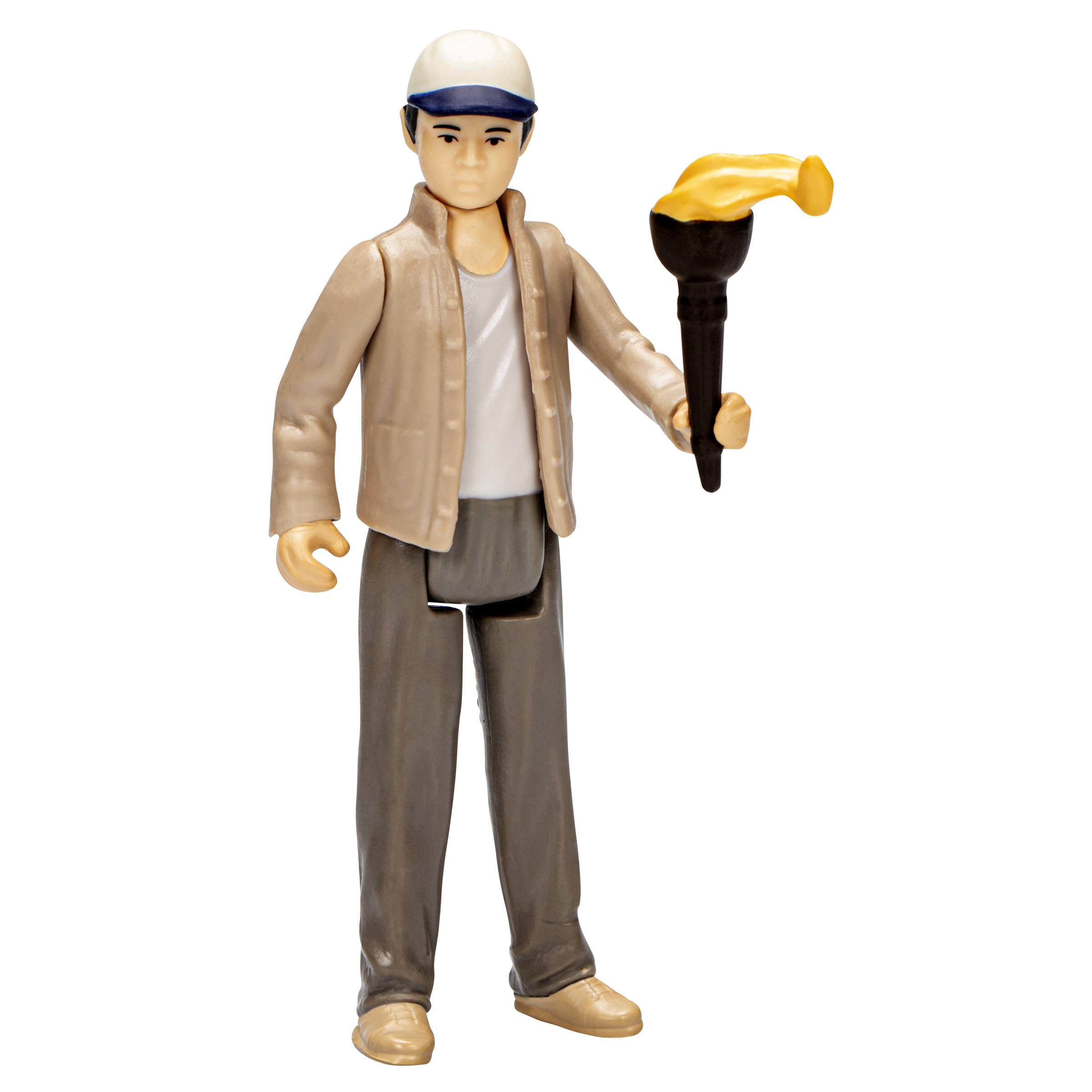 Figura de juguete con sombrero, sosteniendo una antorcha.