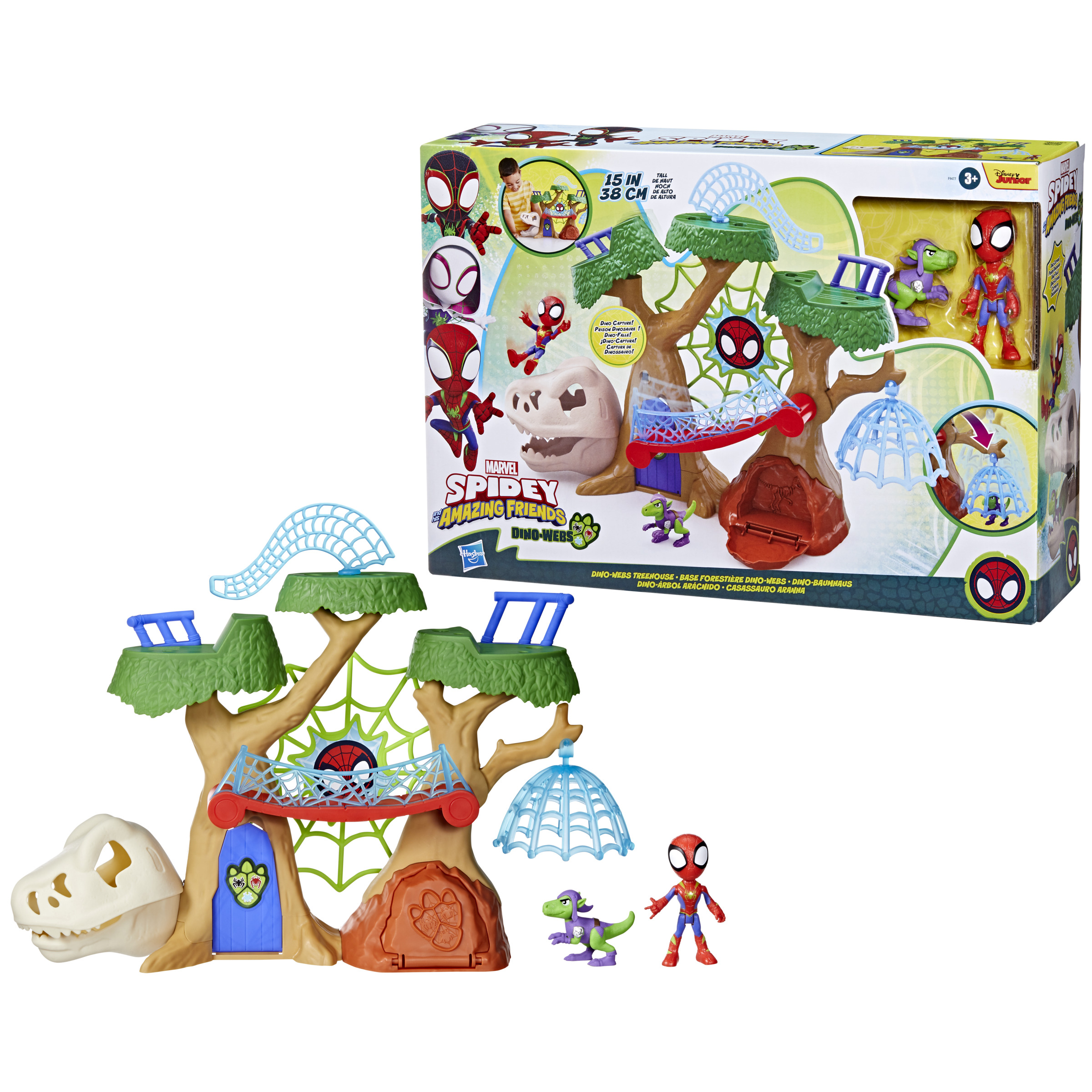 Playset di Spidey e i suoi amici fantastici con un teschio di dinosauro, personaggi di Spider-Man e alberi.