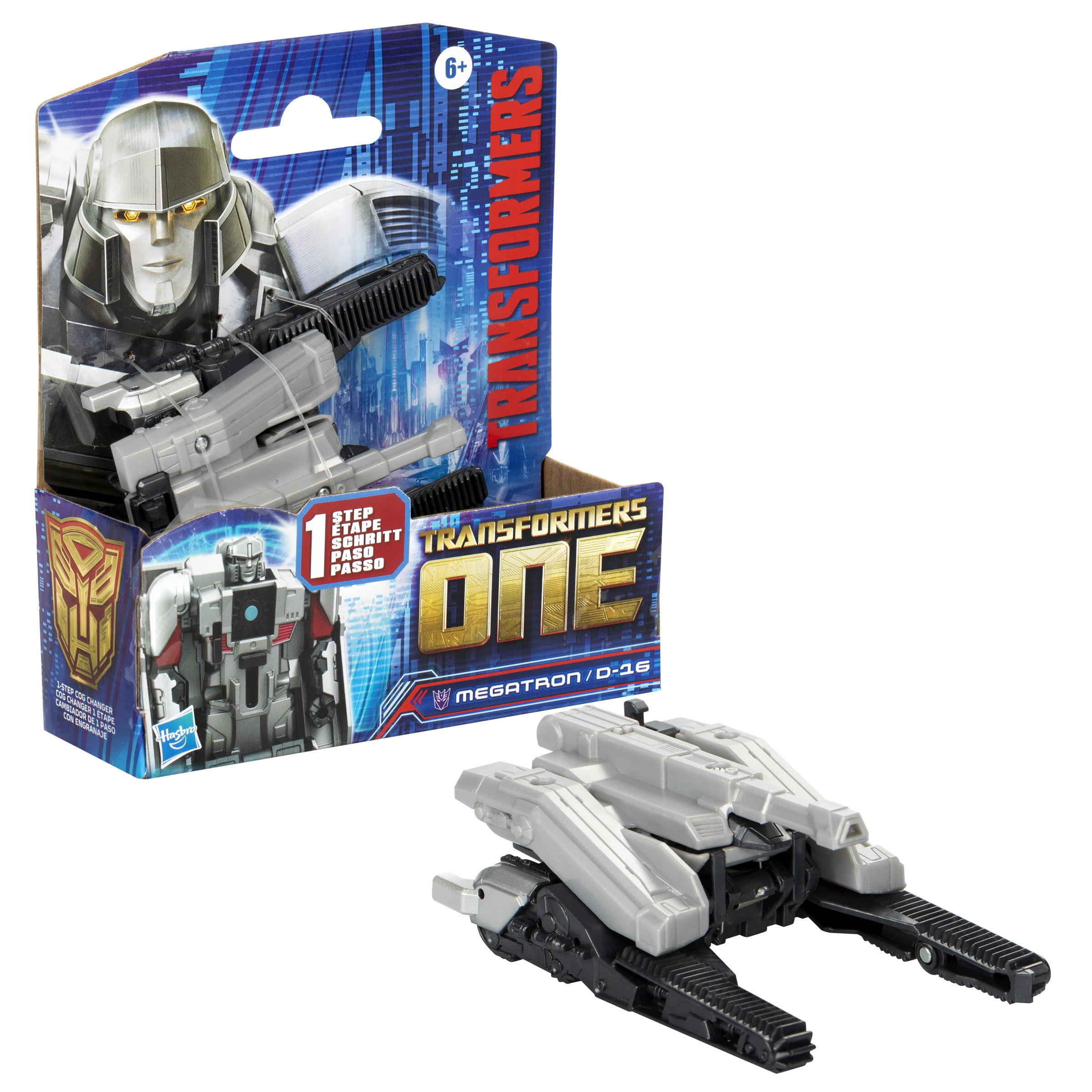Juguete Megatron en caja, robot gris y negro. El embalaje muestra a Megatron. Transformers ONE.