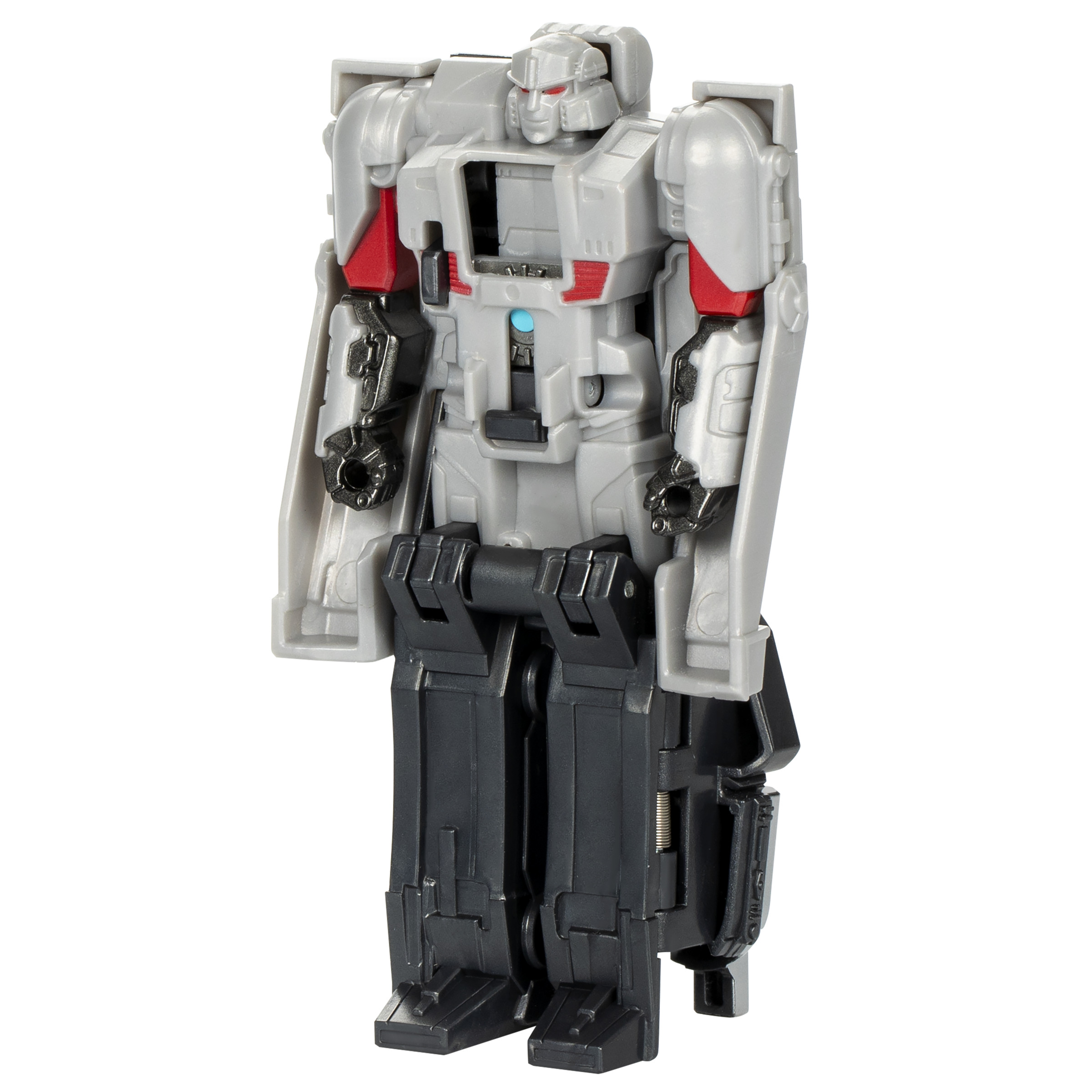 Juguete robot gris con detalles rojos y negros.