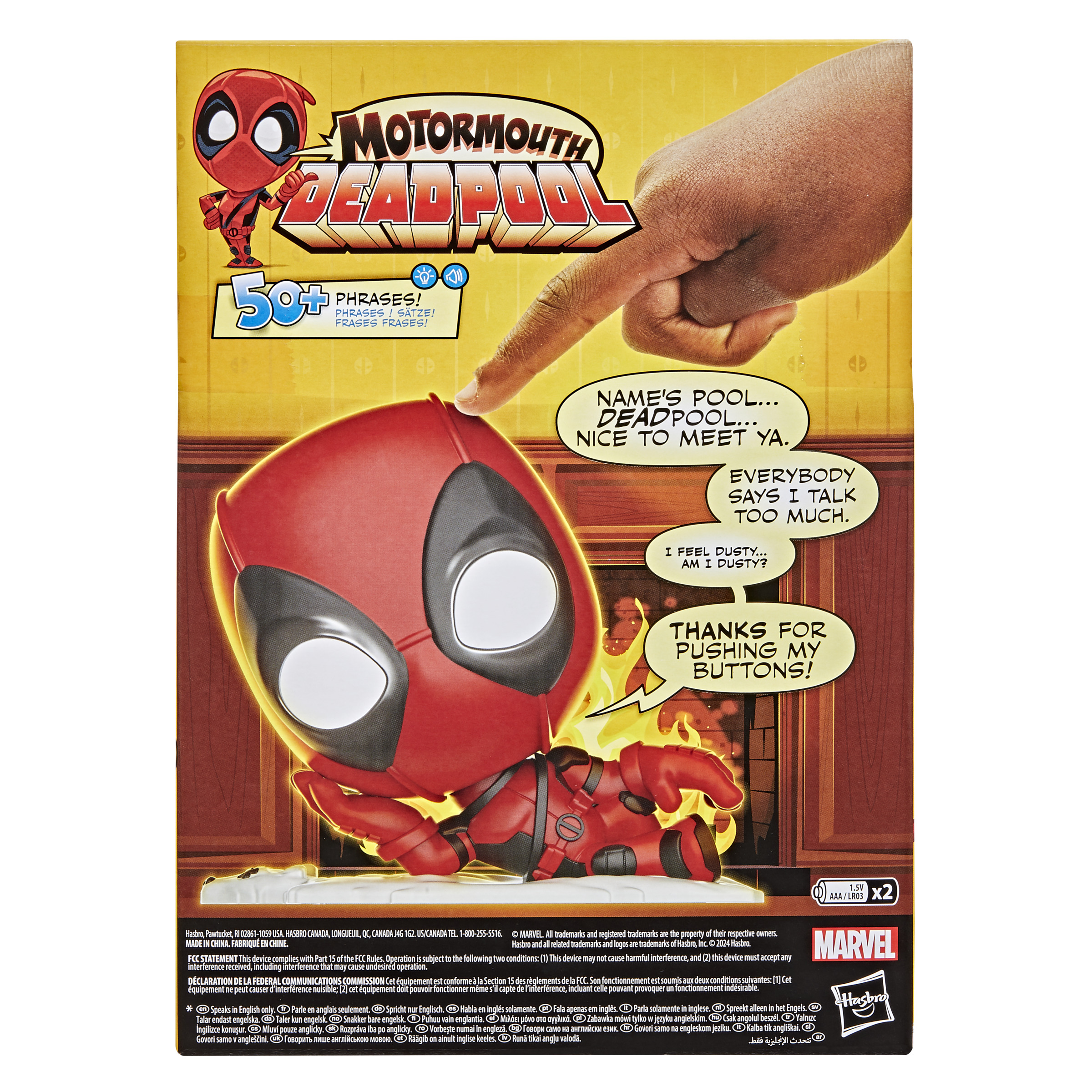 Juguete de Deadpool con bocadillos. Una mano apunta al juguete. El texto incluye frases como 'Name's pool...'.