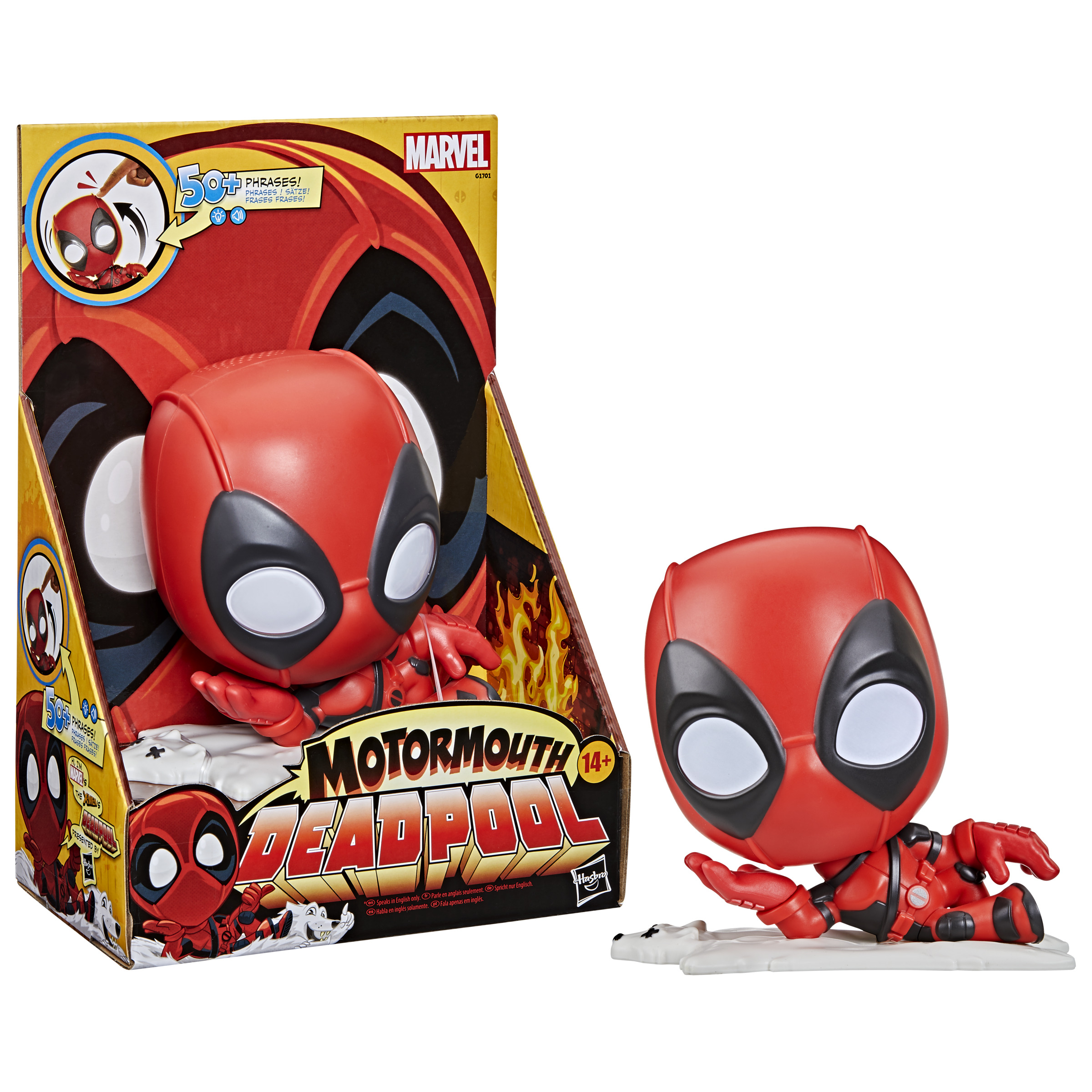 Figura de Deadpool en una caja. Deadpool es rojo y negro, con base blanca, sobre fondo blanco.