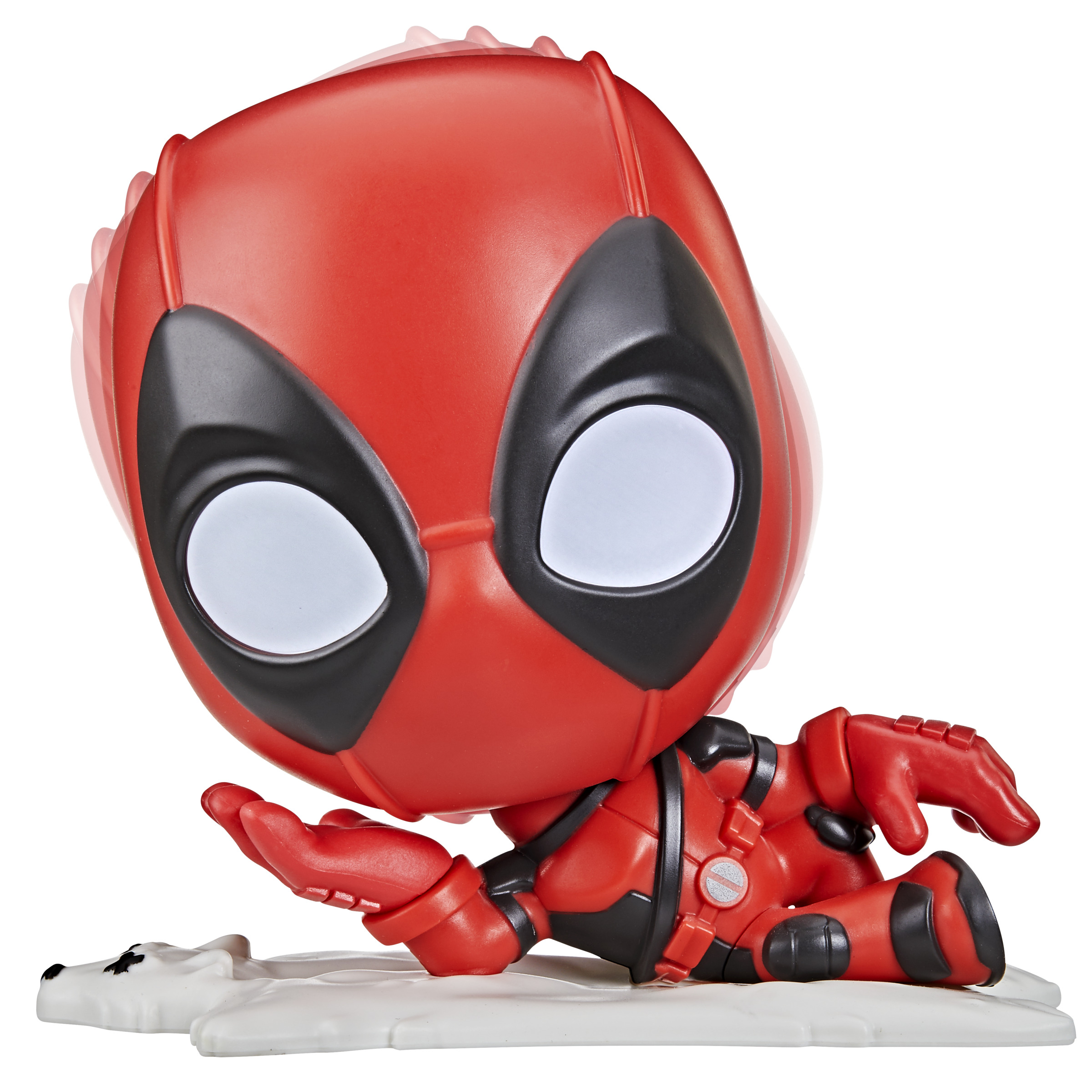 Figura de juguete de Deadpool con traje rojo, con la cabeza moviéndose. Está sobre un fondo blanco.