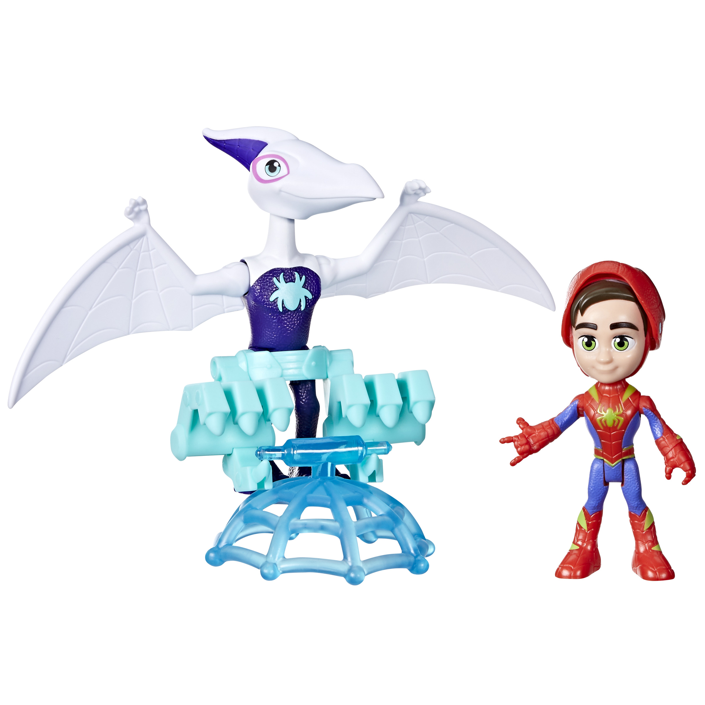 Figurki Pterodaktyla i Spider-Mana, z niebiesko-białą konstrukcją.