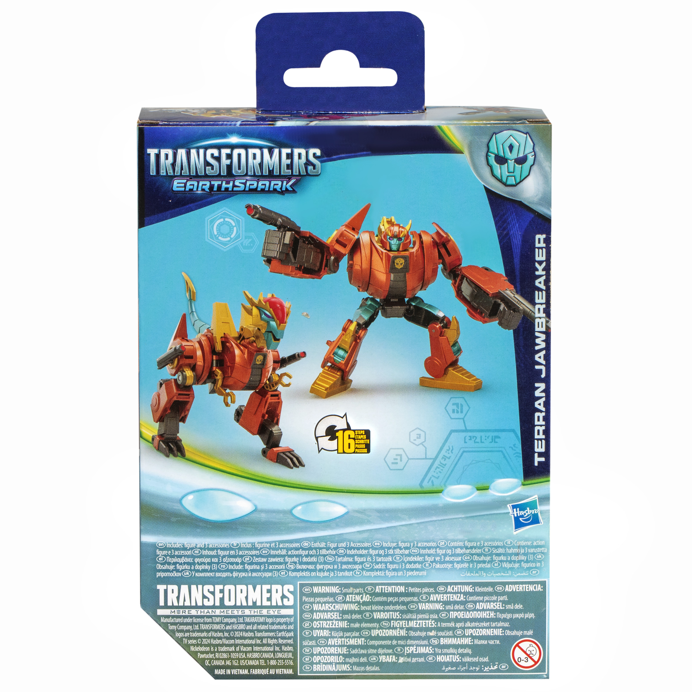 Pudełko z figurkami Transformers Earthspark, z dwoma figurkami z tyłu. Kolory czerwony i pomarańczowy.