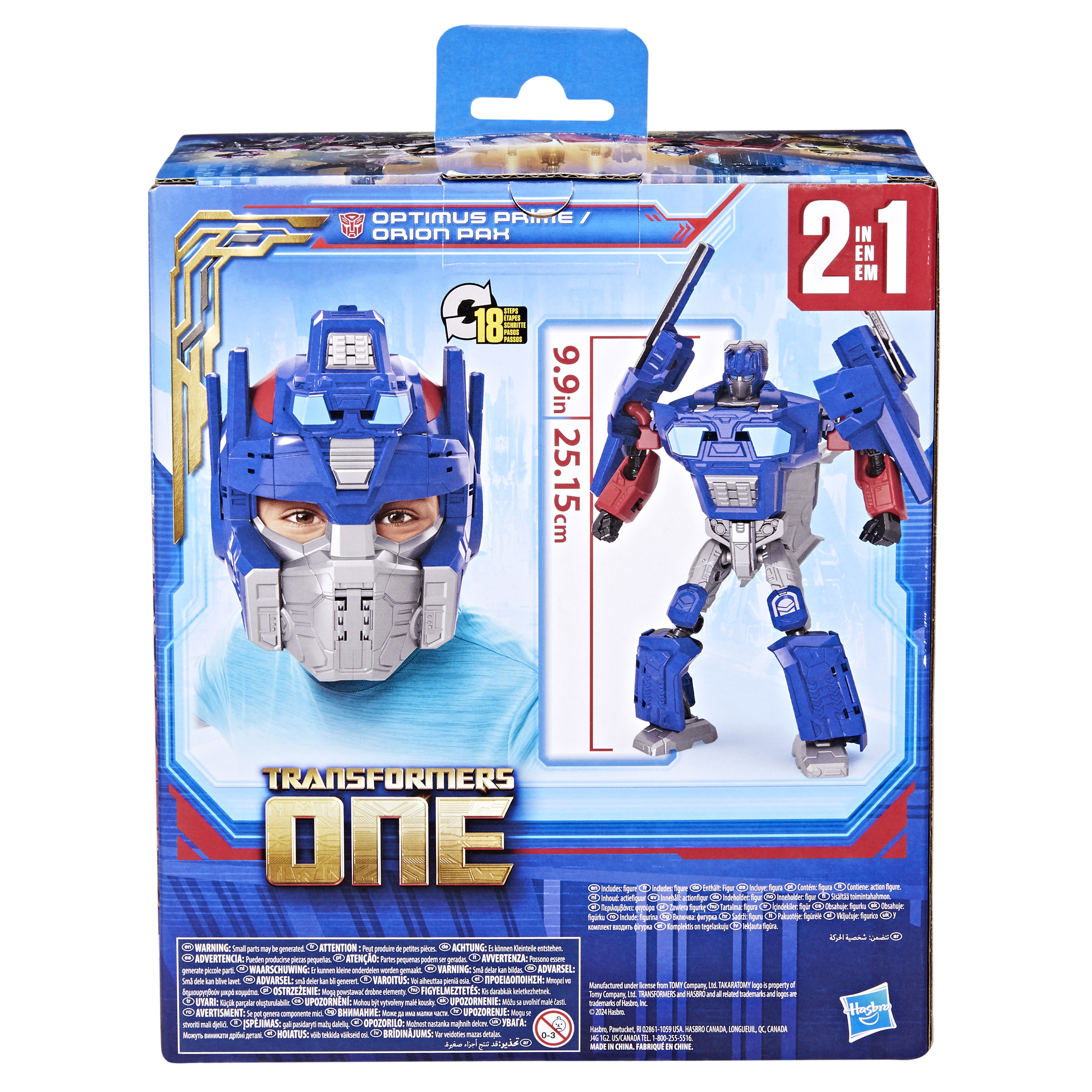 Juguete Optimus Prime. Un robot azul y rojo y una máscara, en un paquete con el logo de Transformers.