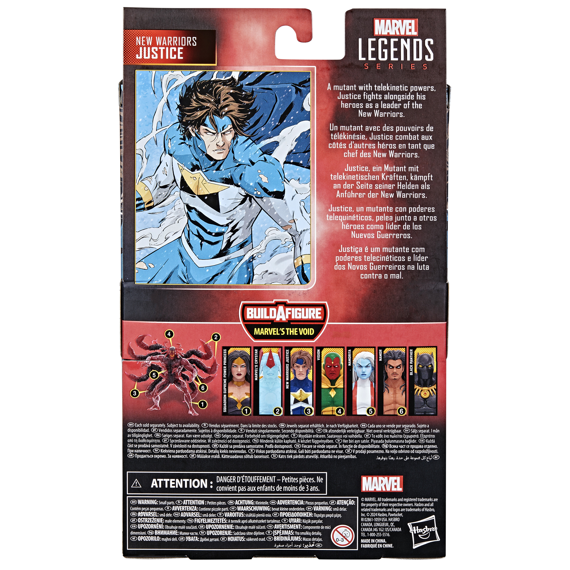 Retro di una figura Marvel Legends. Presenta un'immagine del personaggio e testo in più lingue.