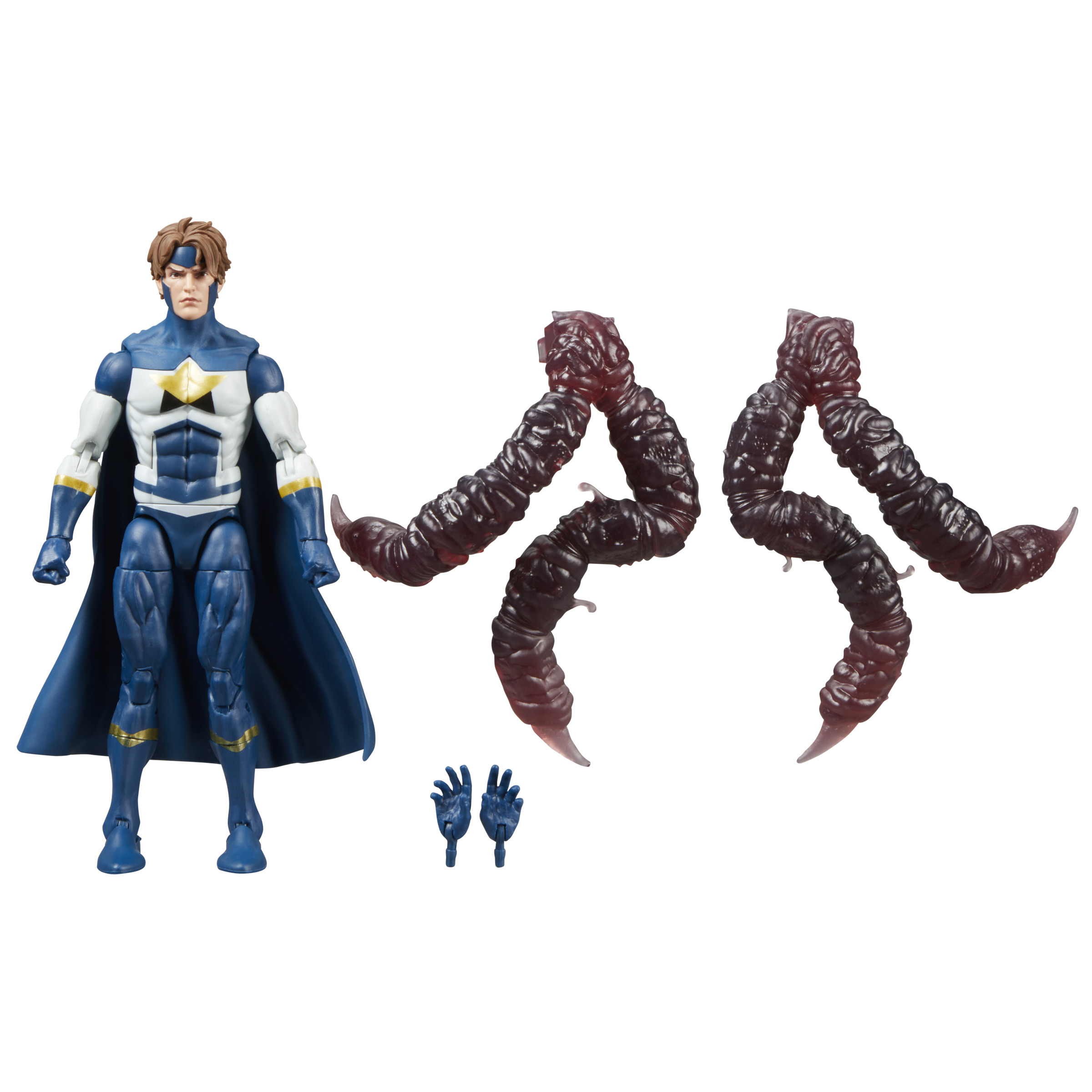 Figura di supereroe in abito blu e bianco con mantello e due accessori energetici rossi traslucidi.