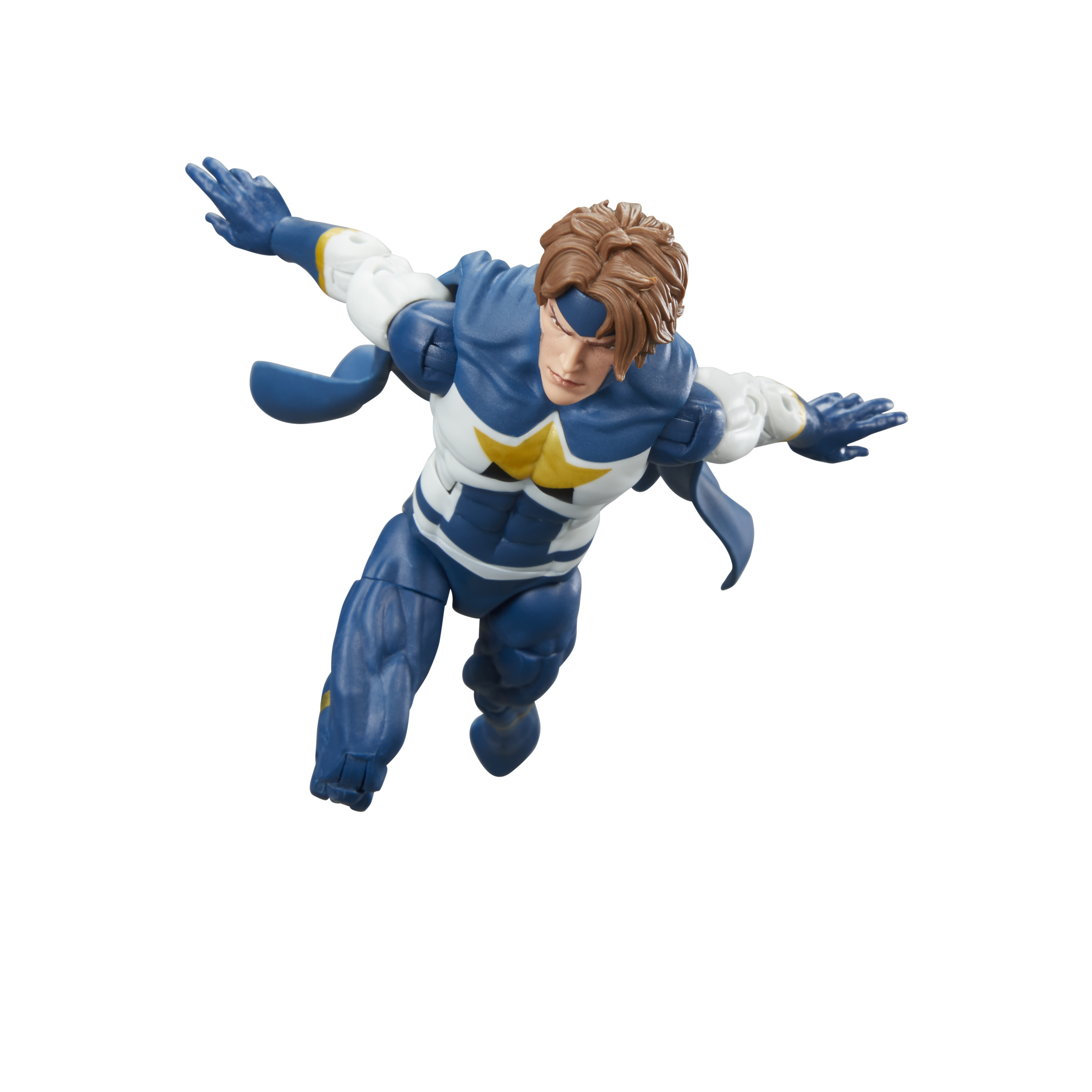 Action figure di un uomo in tuta da supereroe blu e bianca con ali, a mezz'aria.