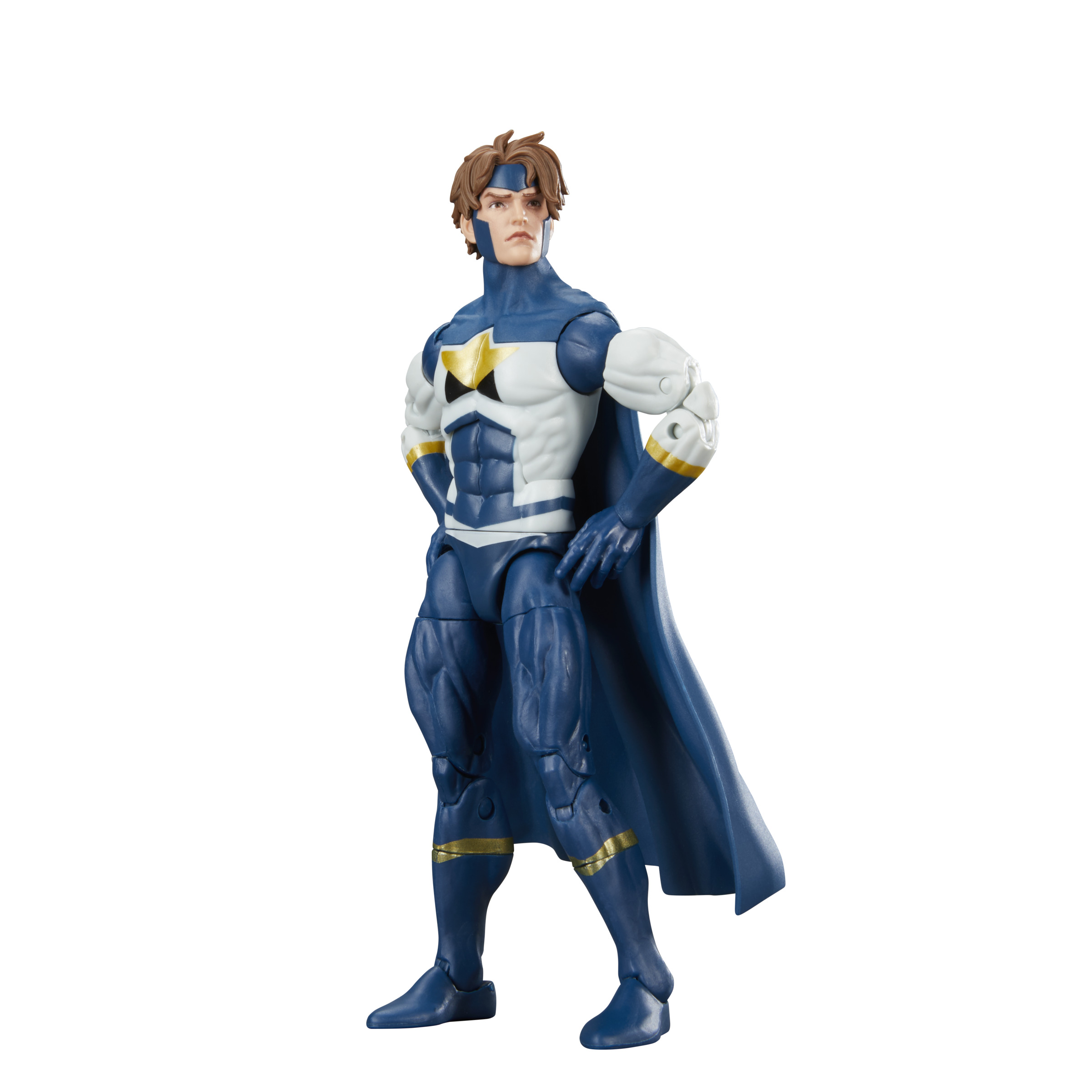 Personaggio dei fumetti Marvel con costume blu e bianco, mantello e un'emblema a stella sul petto.