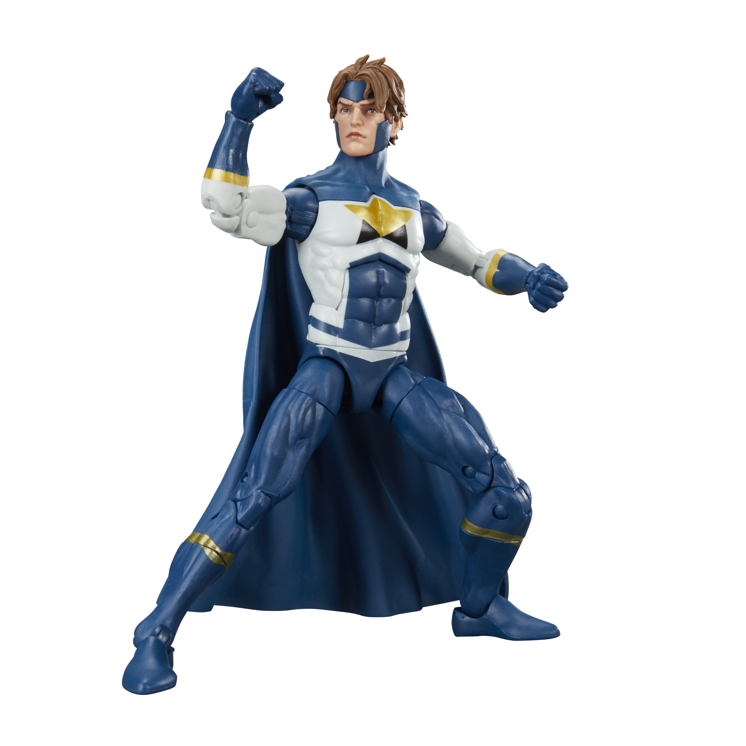 Action figure di un supereroe in blu e bianco. È in posa da combattimento con un braccio alzato.