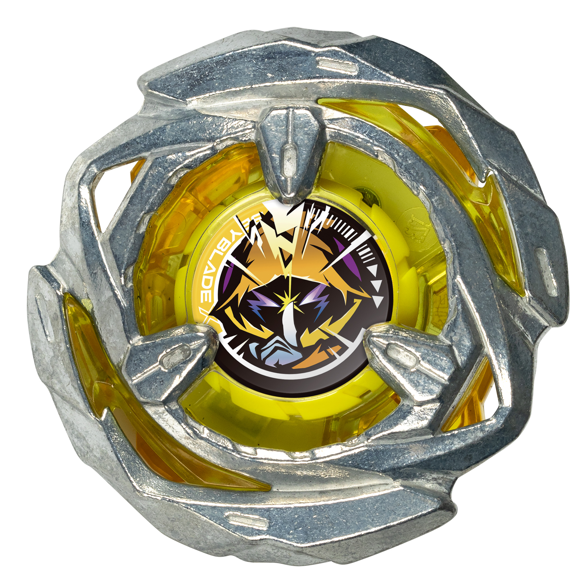 Una toma de cerca de un juguete Beyblade amarillo y plateado.