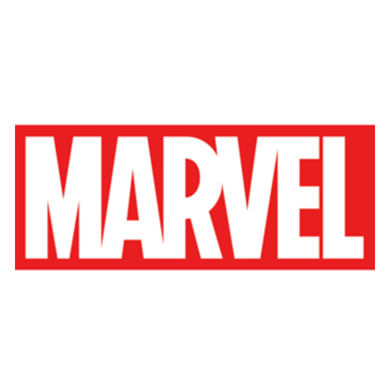 Logo Marvel: czerwony prostokąt z białym słowem "MARVEL" pogrubionymi, bezszeryfowymi literami.