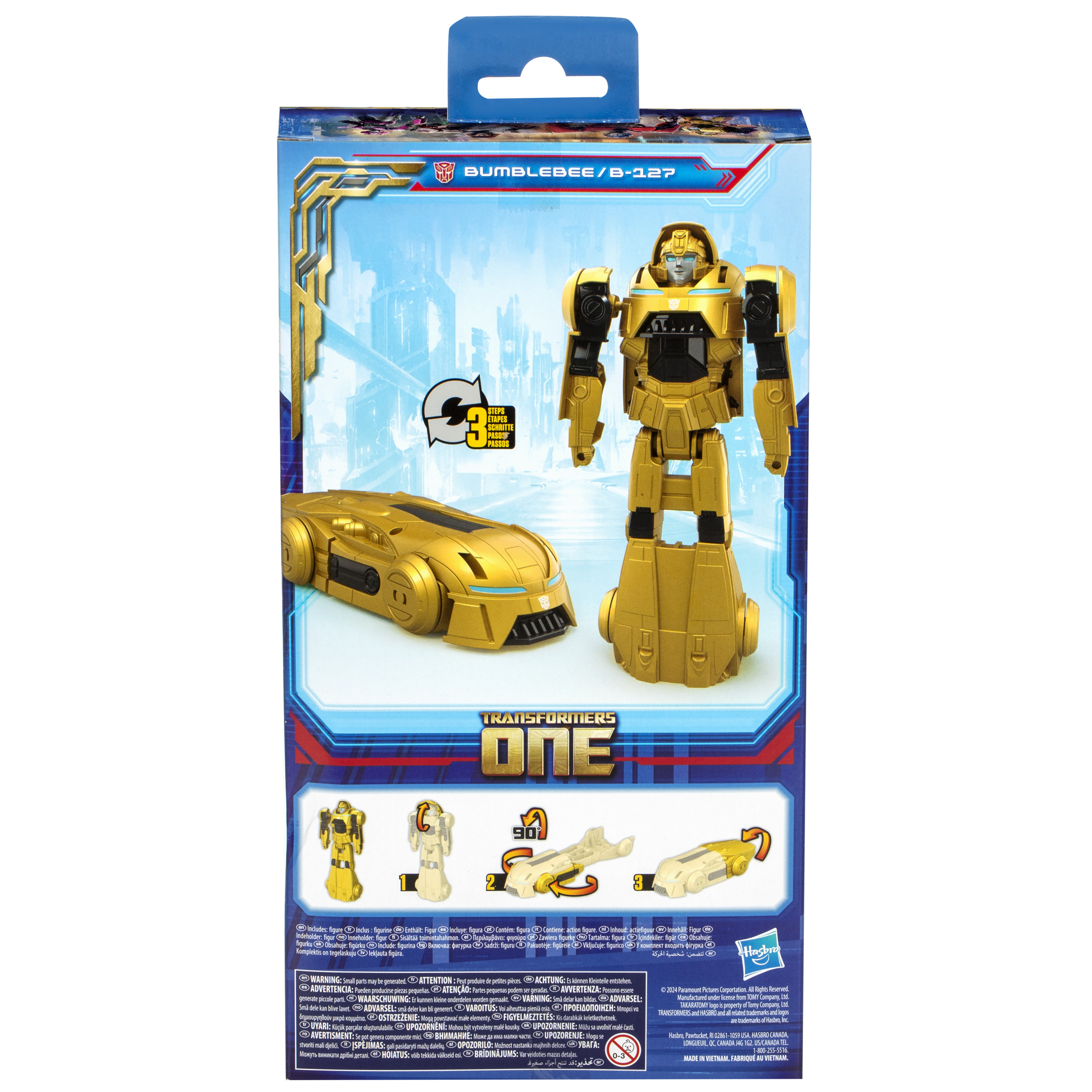 Bumblebee figürü ve altın bir araba içeren Transformers aksiyon figürü kutusu. Sarı ve siyah renkler.